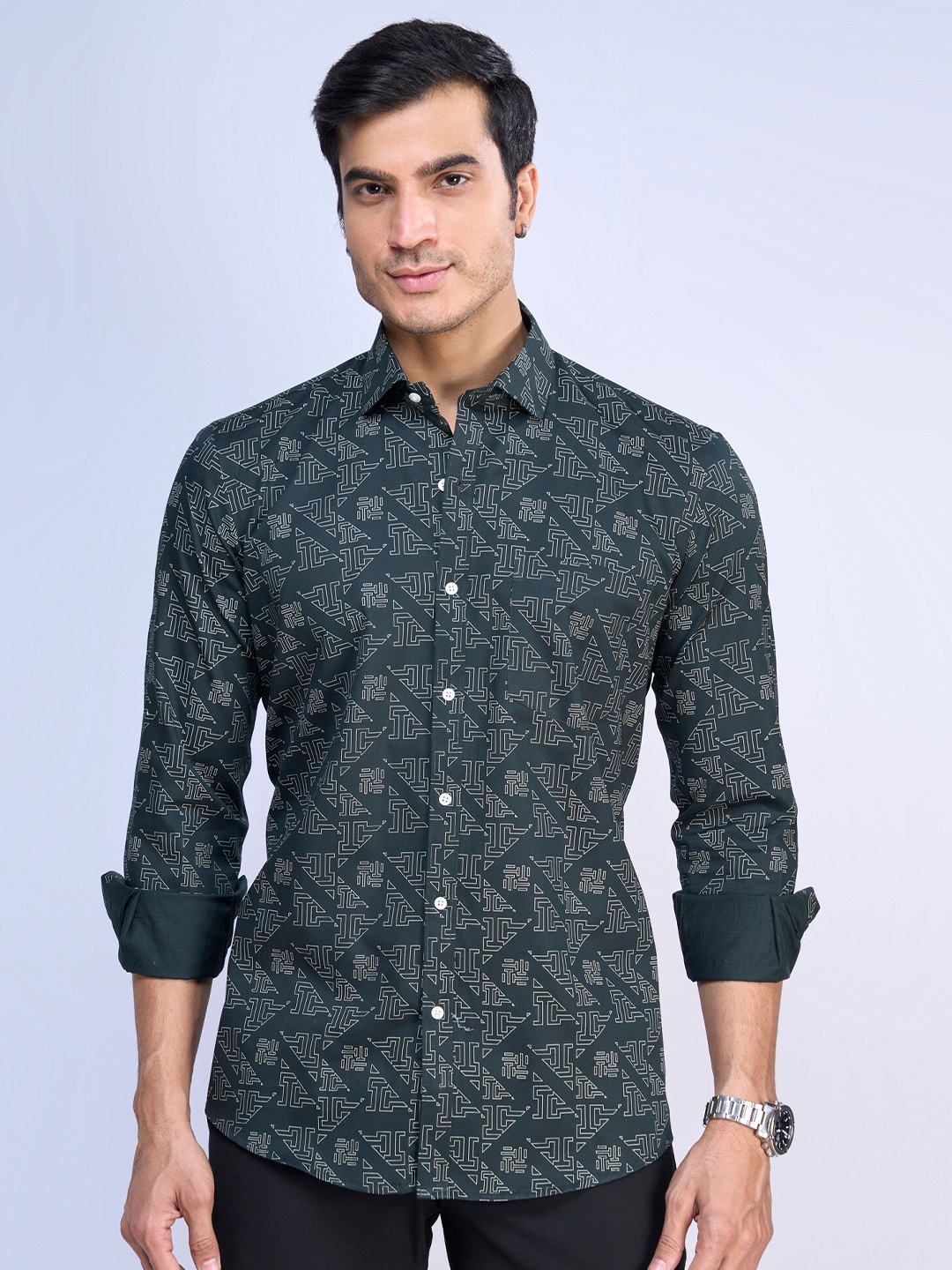 

MARK & ALBERT Slim Fit Floral Opaque Printed Cotton Casual Shirt, Green