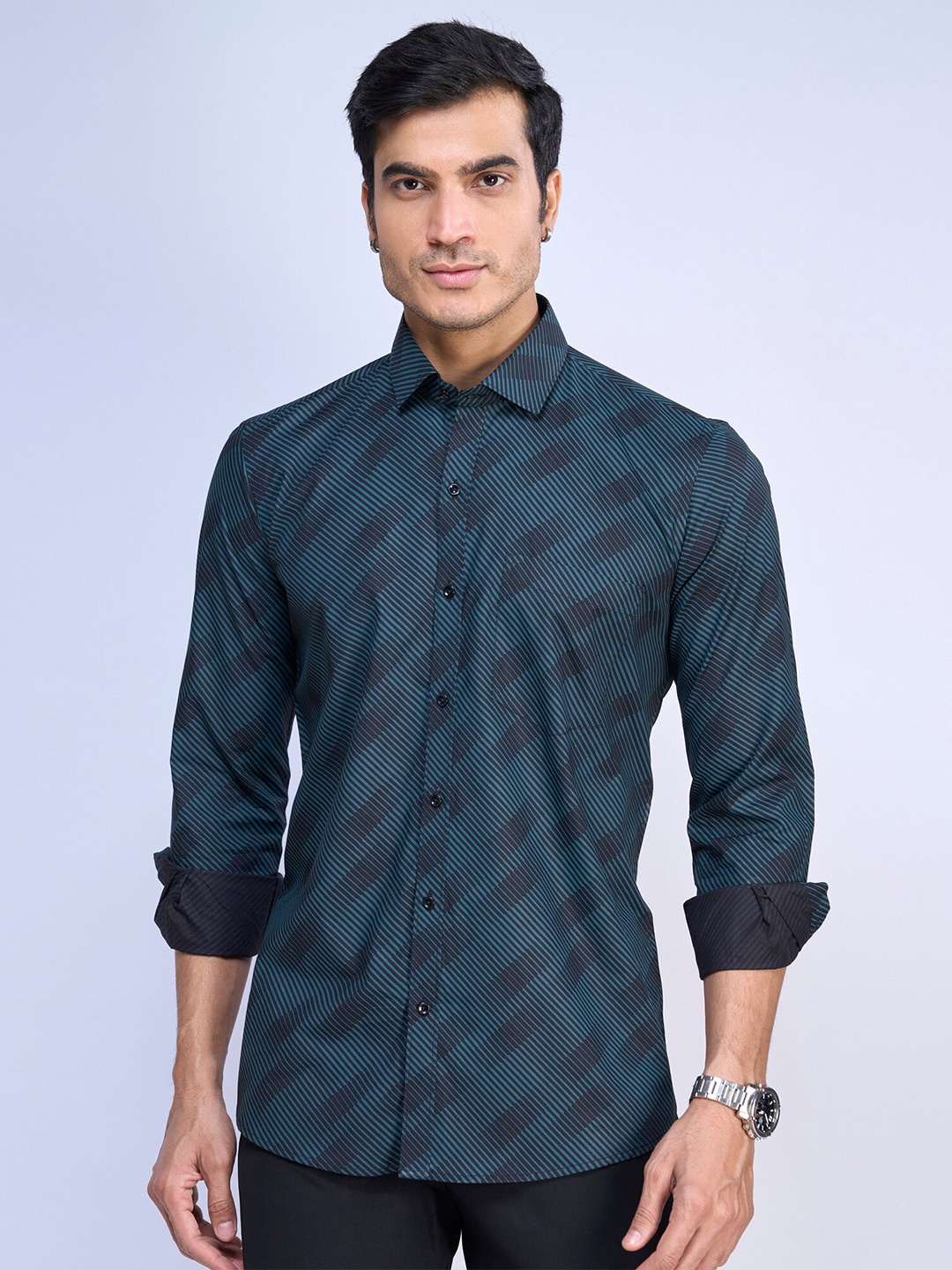

MARK & ALBERT Printed Slim Fit Opaque Cotton Casual Shirt, Green