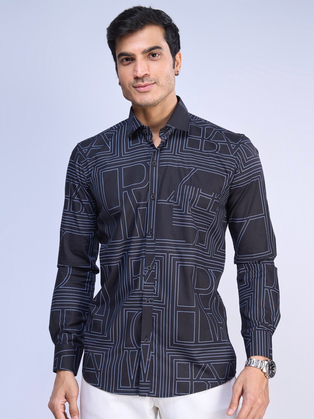 

MARK & ALBERT Slim Fit Opaque Printed Cotton Casual Shirt, Black