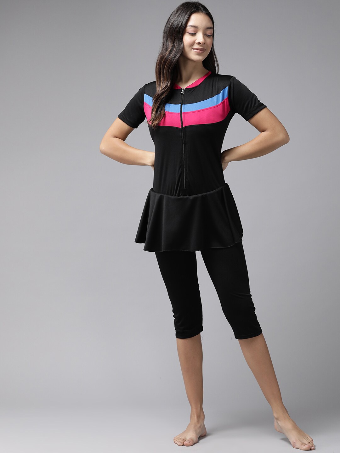 

BAESD Colourblocked Zipper Knee-length Padded Legsuit, Black