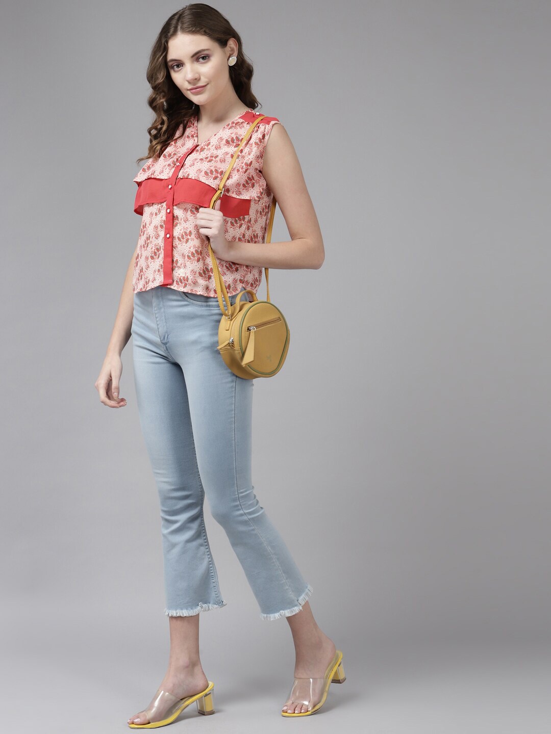 

BAESD Floral Printed Shoulder Tabs Georgette Shirt Style Top, Red