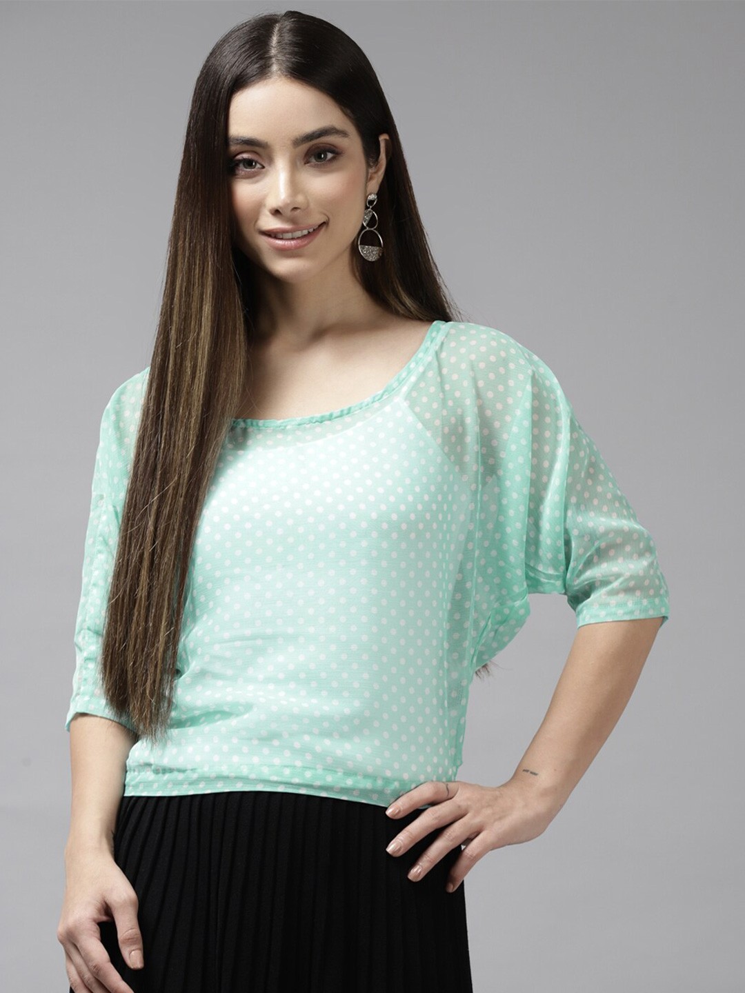 

BAESD Polka Dots Printed Kimono Sleeves Georgette Top, Turquoise blue