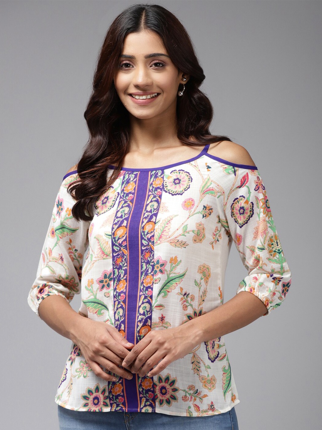 

BAESD Floral Printed Cold-Shoulder Sleeves Georgette Top, Cream
