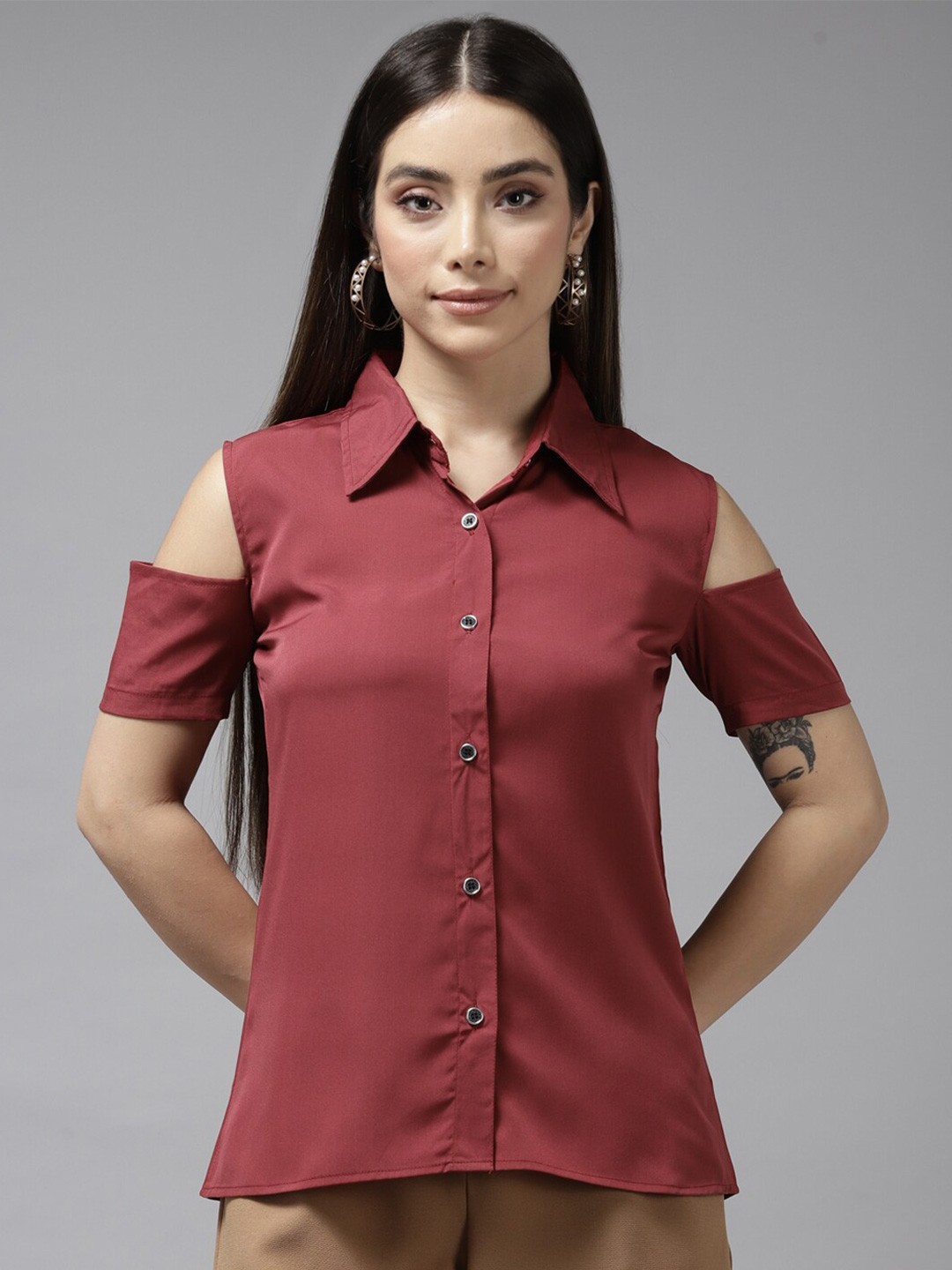 

BAESD Cold-Shoulder Georgette Shirt Style Top, Maroon