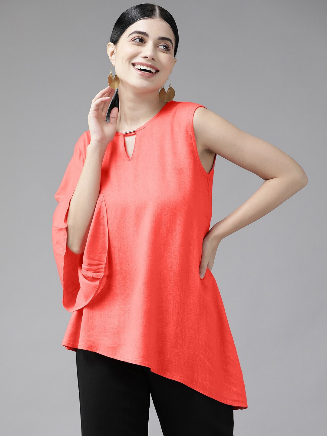 

BAESD Keyhole Neck Flared Sleeves Georgette Top, Red