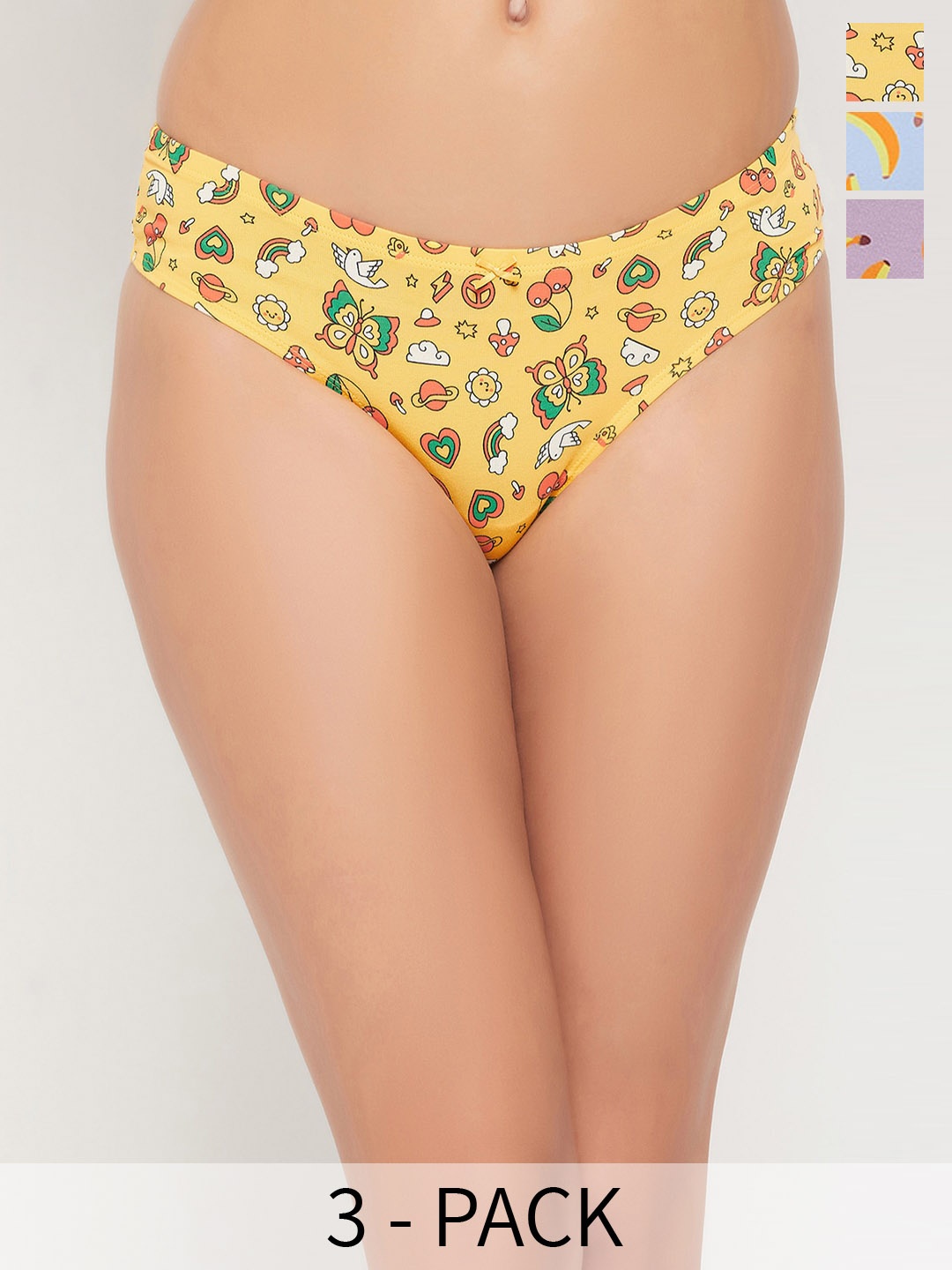 

Clovia Pack Of 3 Printed Hipster Briefs, Yellow