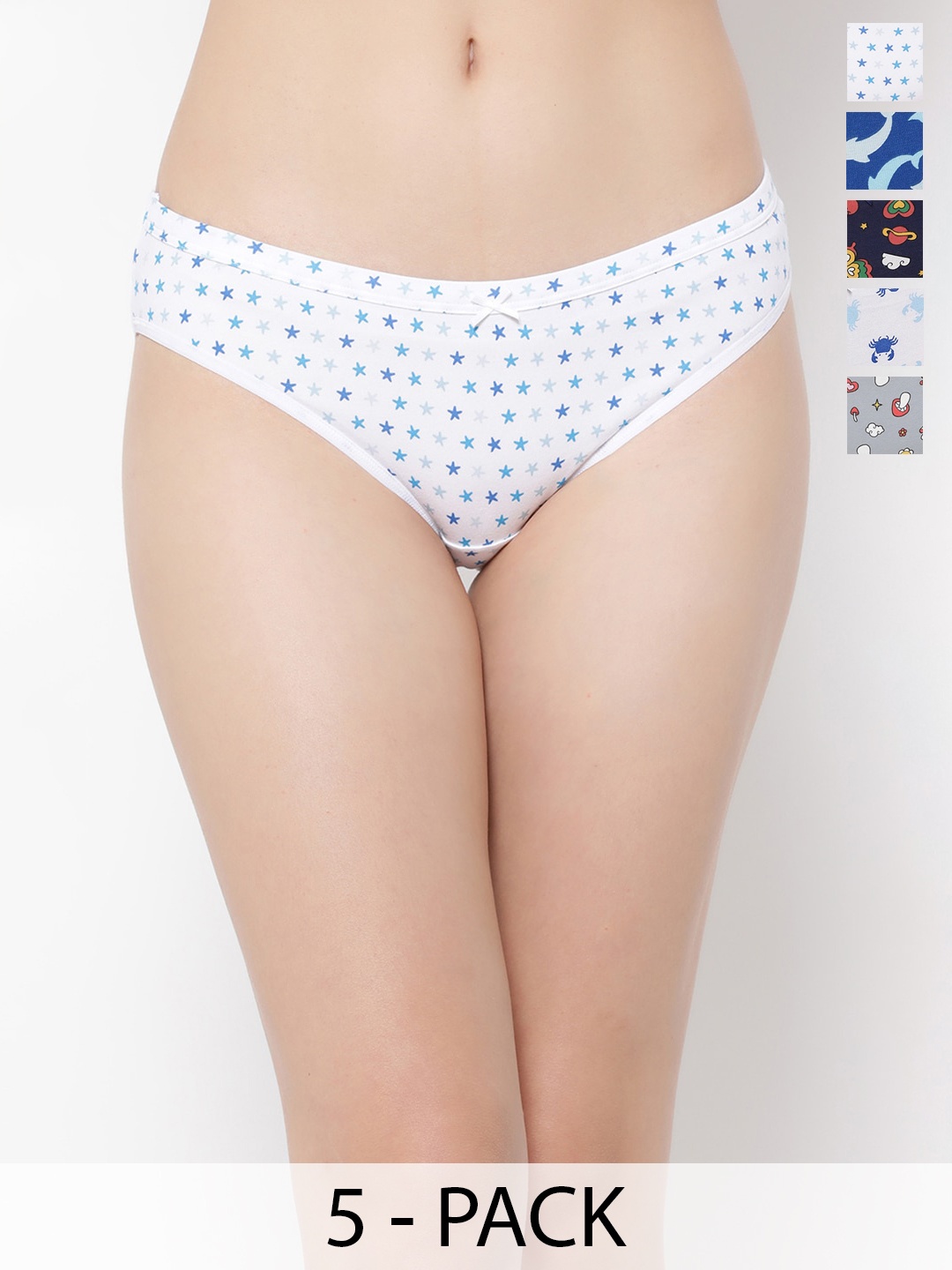 

Clovia Pack Of 5 Printed Bikini Briefs, White