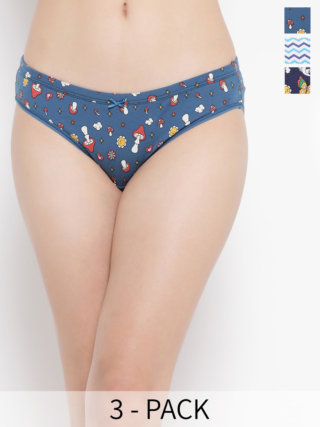 

Clovia Blue Pack Of 3 Printed Anti Bacterial Low Waist Bikini Briefs