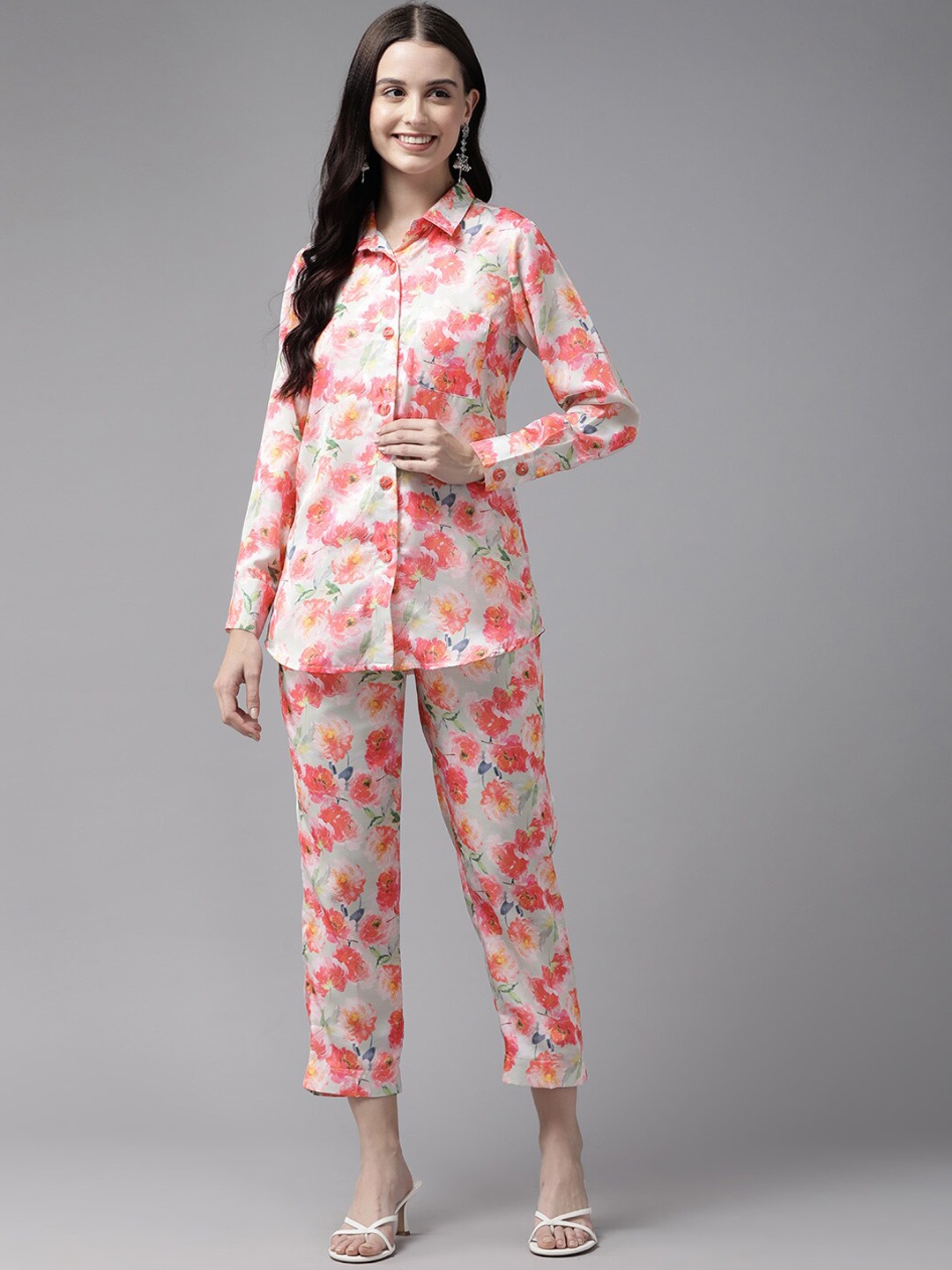 

BAESD Floral Printed Angrakha High-Low Above Knee Pure Cotton Kurti With Skirt, Pink