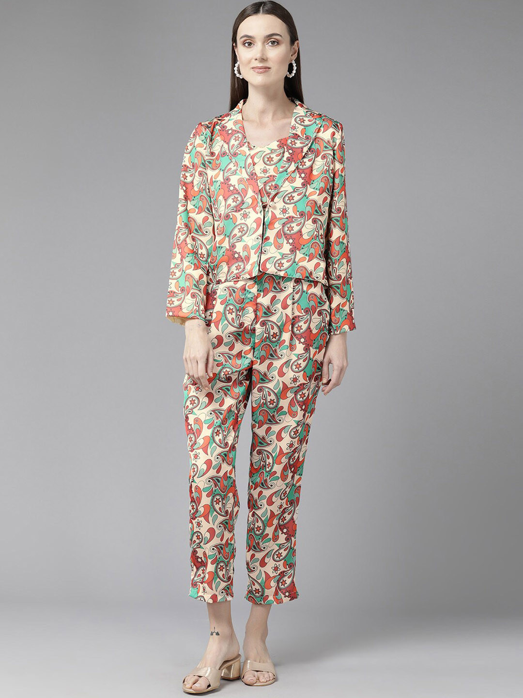 

BAESD Women Printed Top With Trousers & Shrug, Beige