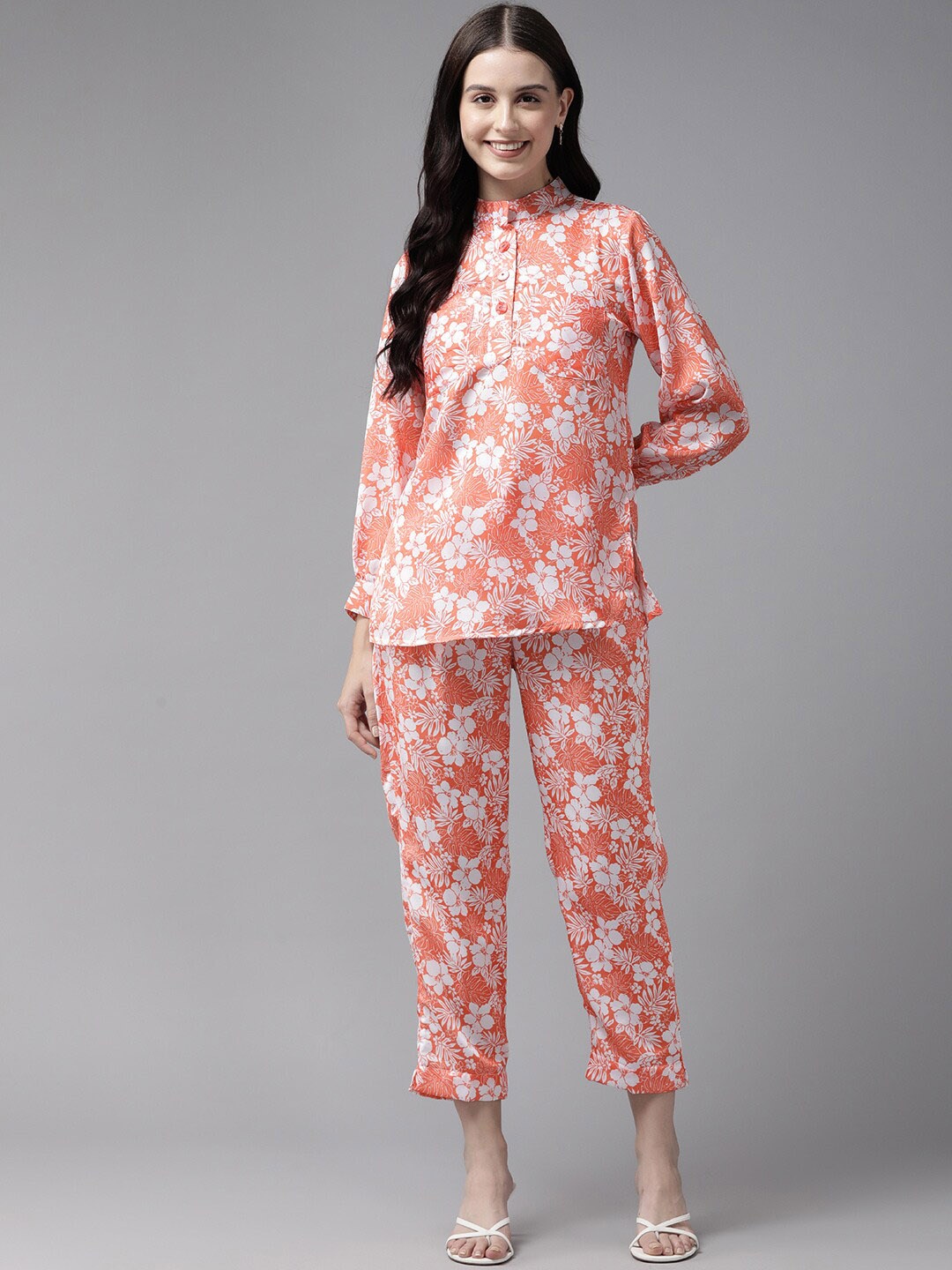 

BAESD Floral Printed Pure Cotton Top With Trousers, Orange