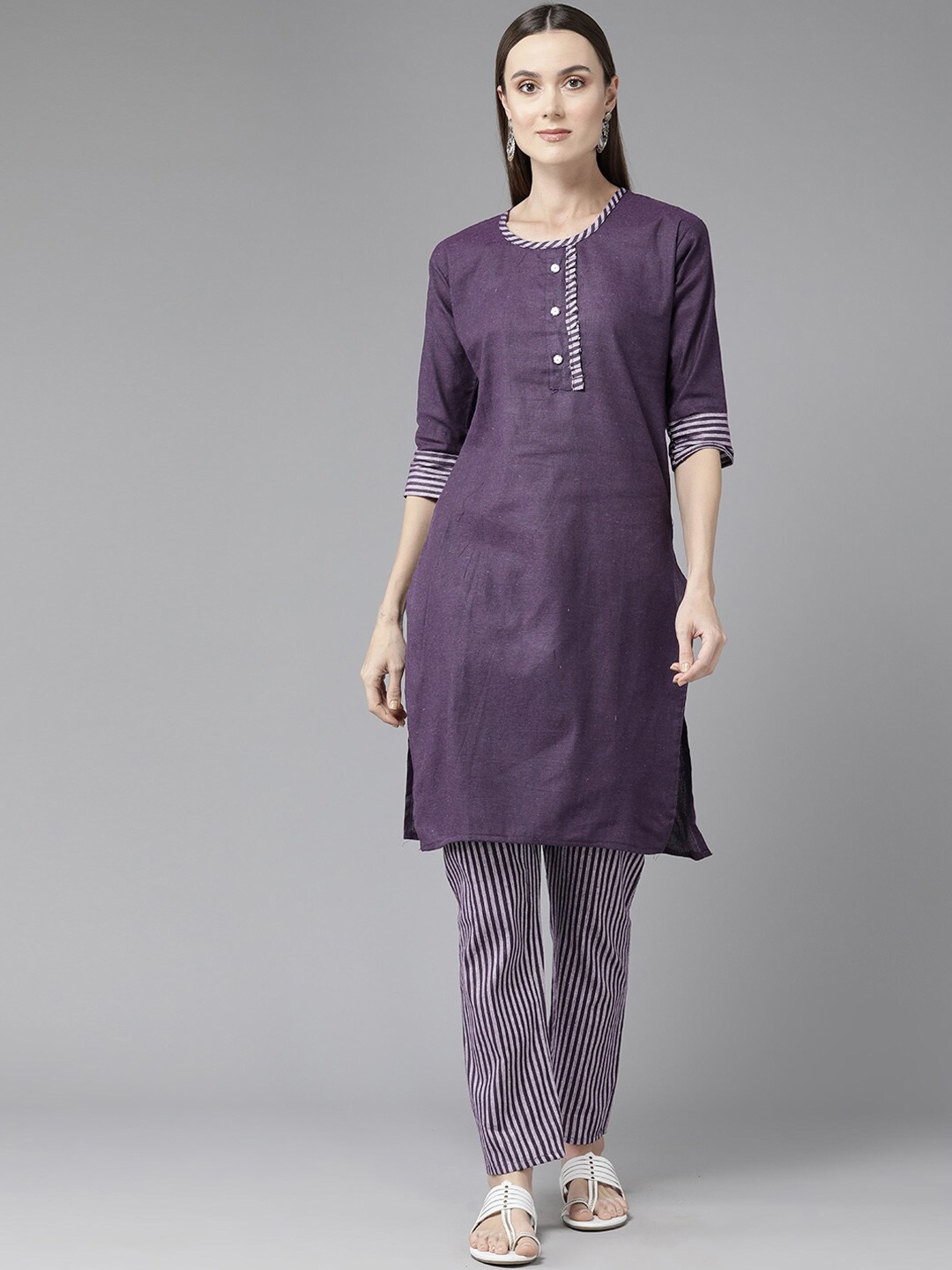 

BAESD Round Neck Regular Sleeves Pure Cotton Straight Kurta & Trousers, Purple