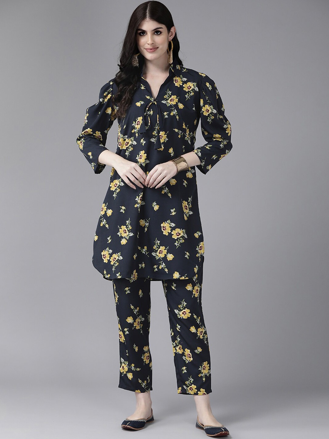 

BAESD Floral Printed Shirt Collar Pure Cotton Straight Kurta With Trouser, Navy blue