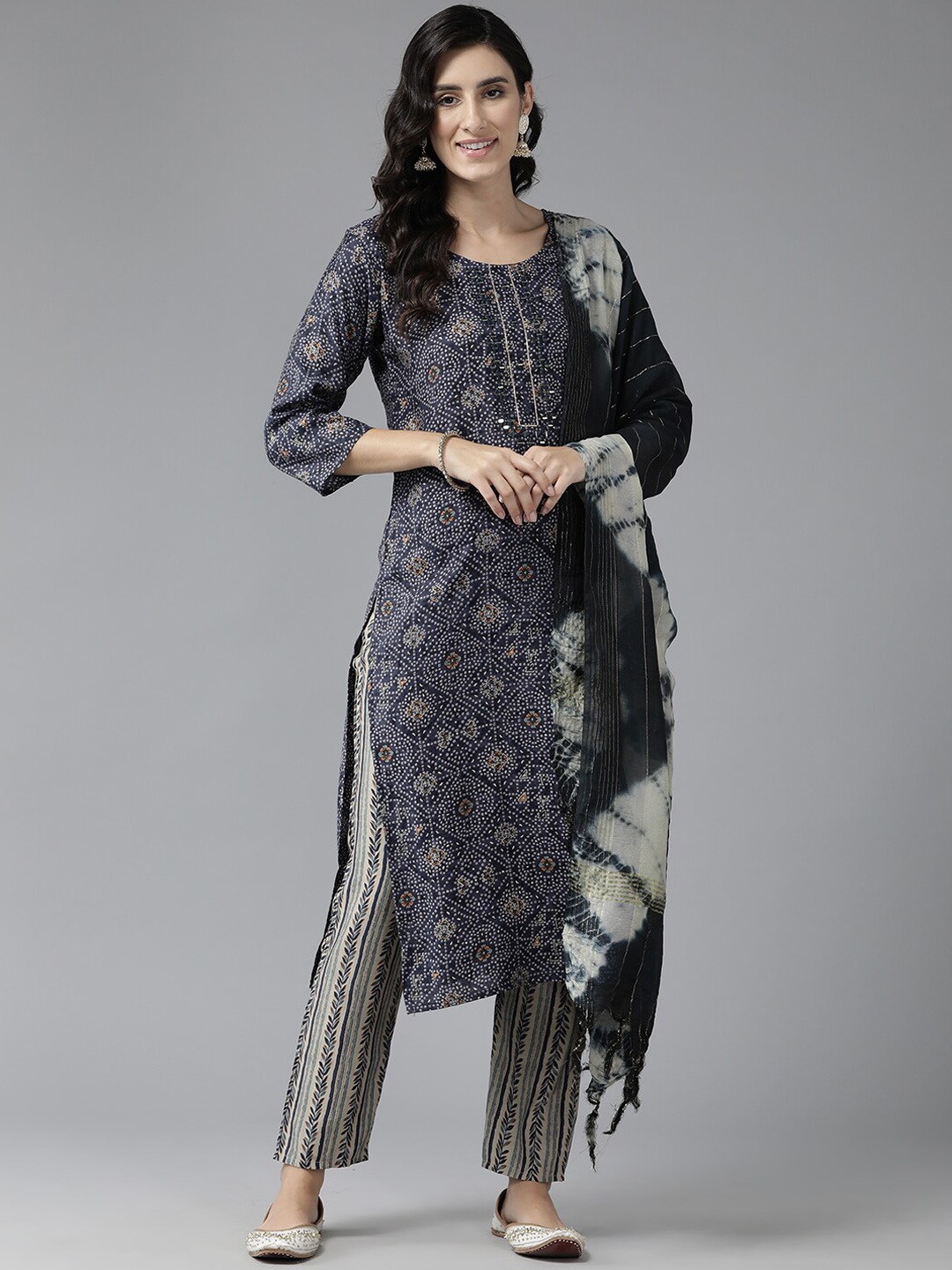 

BAESD Bandhani Printed Pure Cotton Round Neck Straight Kurta With Trousers & Dupatta, Navy blue