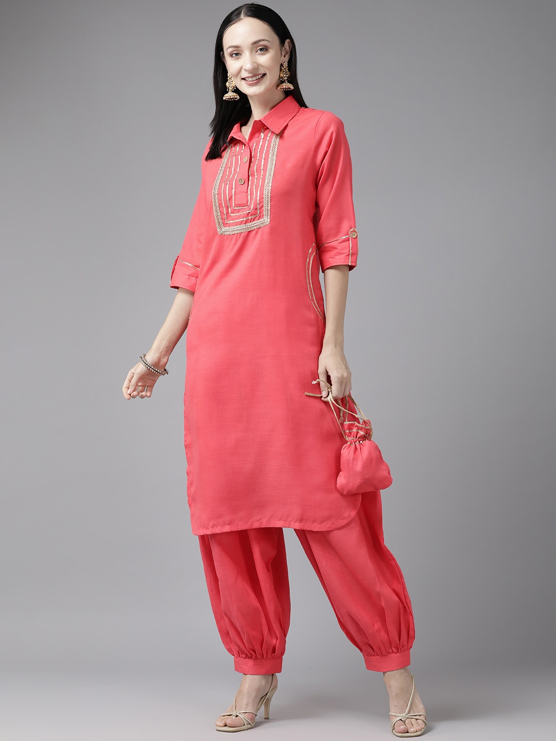 

BAESD Gotta Patti Pathani Pure Cotton Kurta with Salwar & Potli Bag, Pink