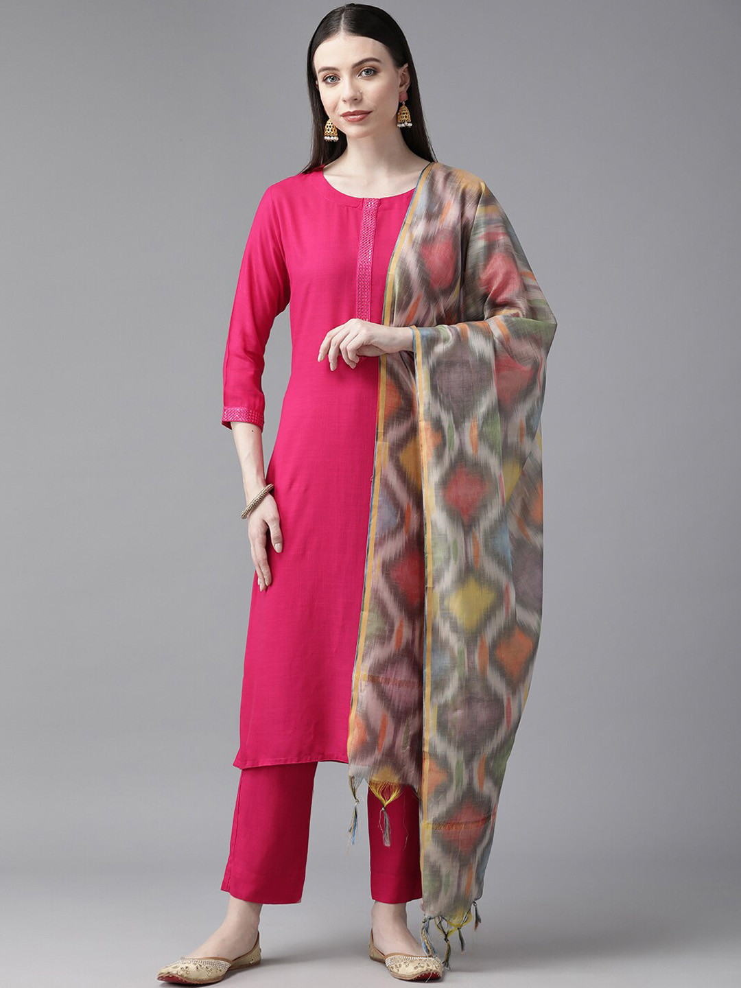 

BAESD Embroidered Round Neck Pure Cotton Straight Kurta With Trousers & Dupatta, Pink