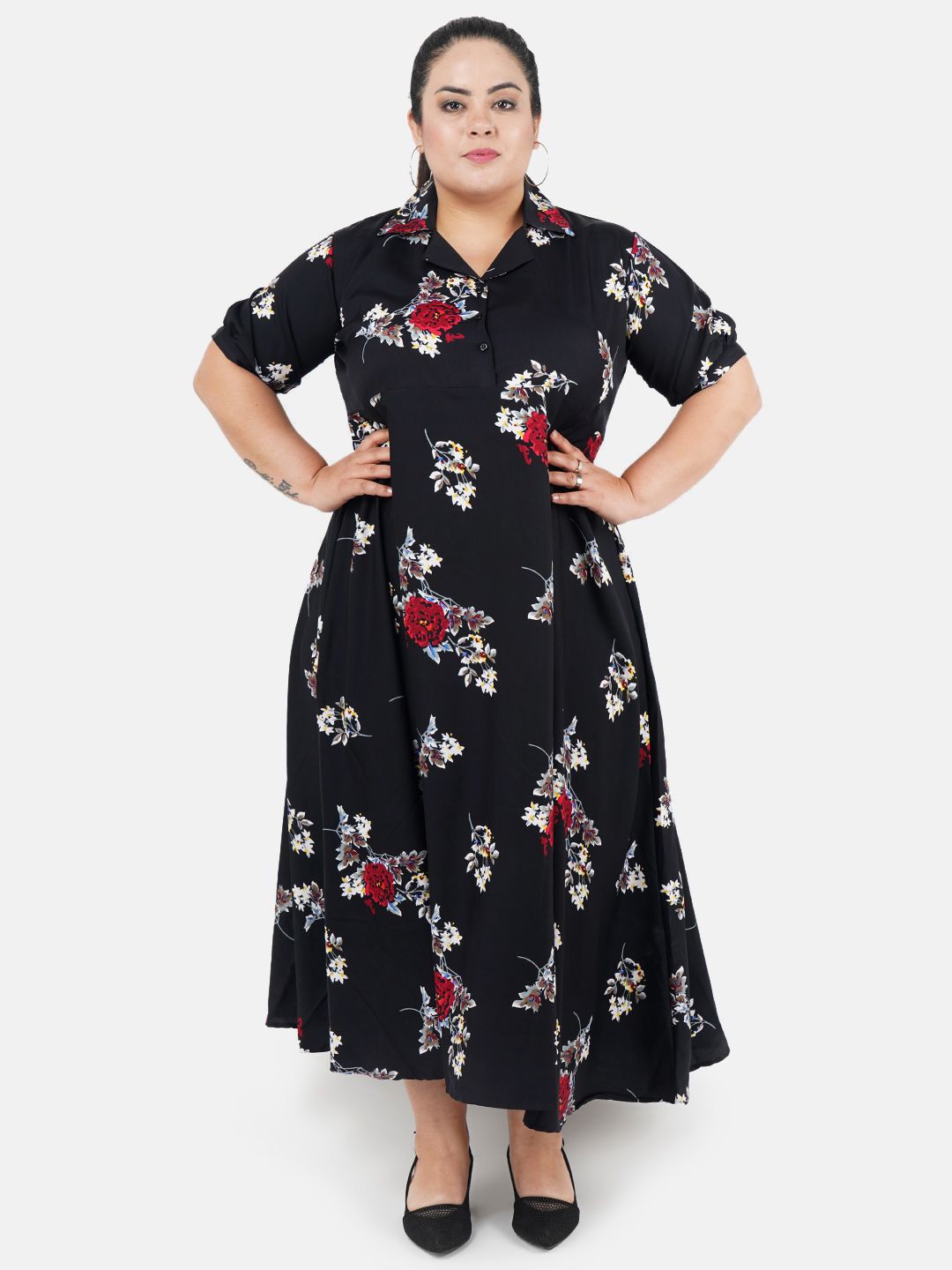 

Indietoga Women Plus Size Floral Print Fit and Flare Long Maxi Dress, Black