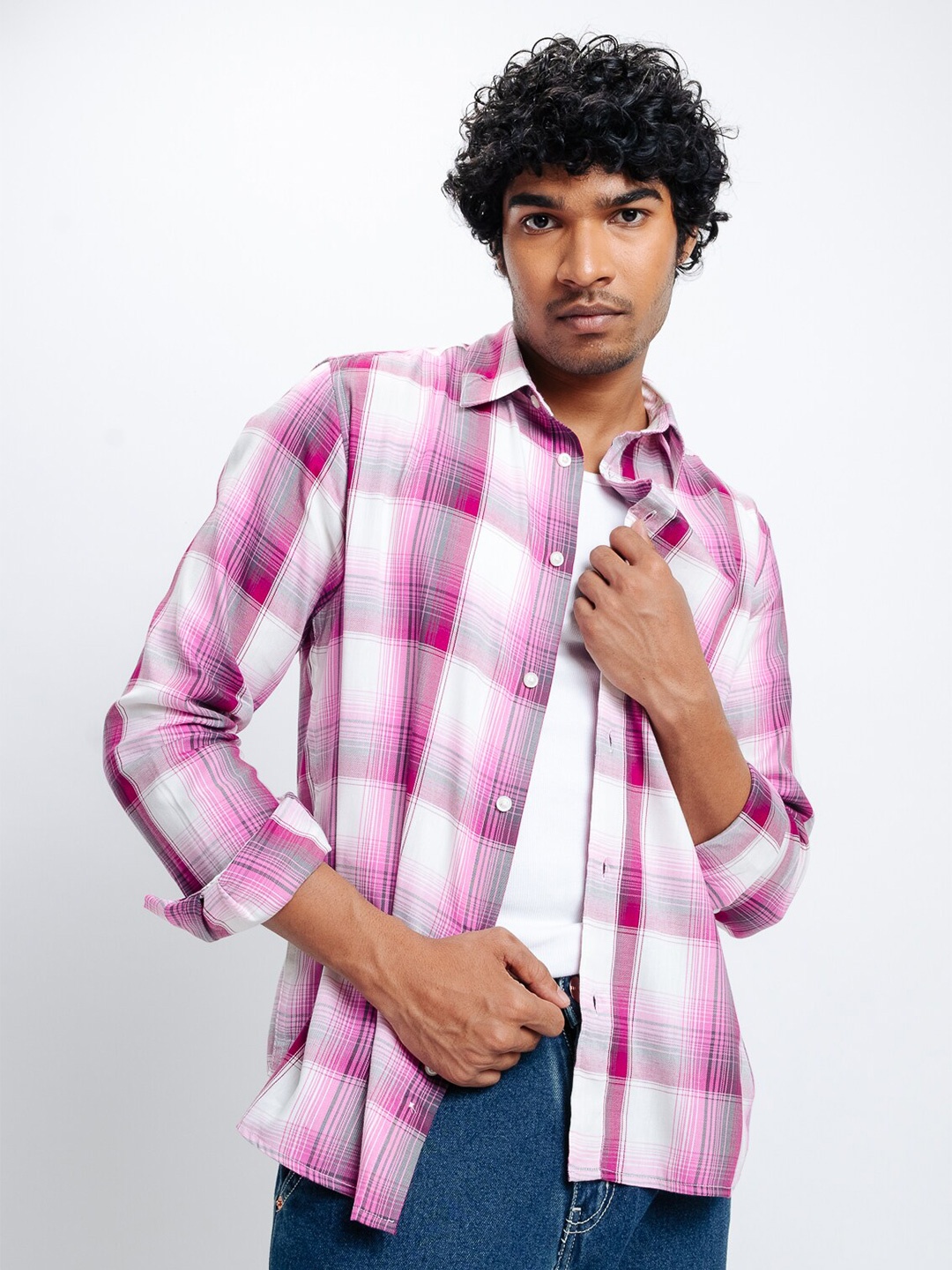 

FREAKINS Tartan Checks Cotton Checked Casual Shirt, Pink
