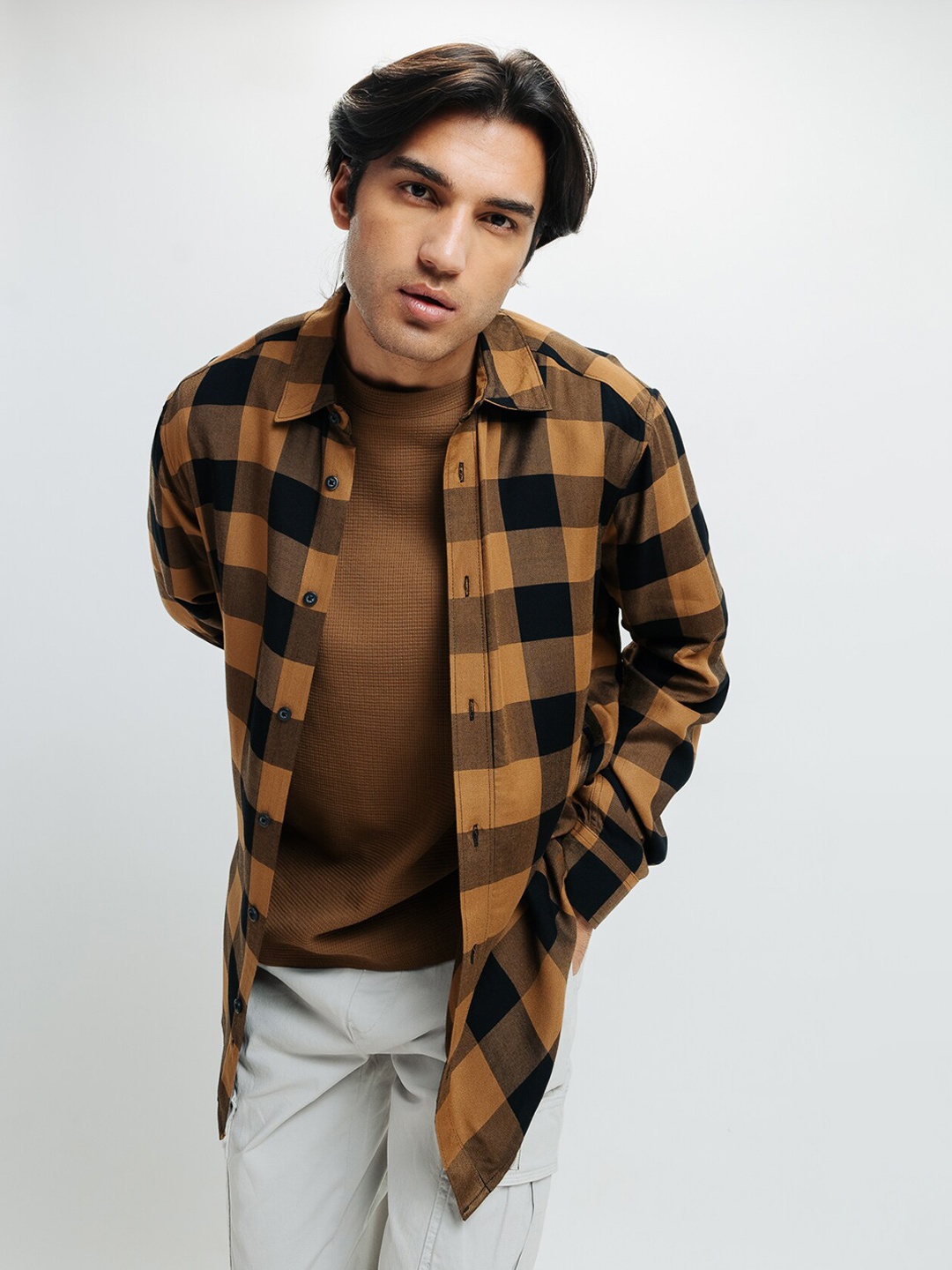 

FREAKINS Buffalo Checked Pure Cotton Casual Shirt, Brown