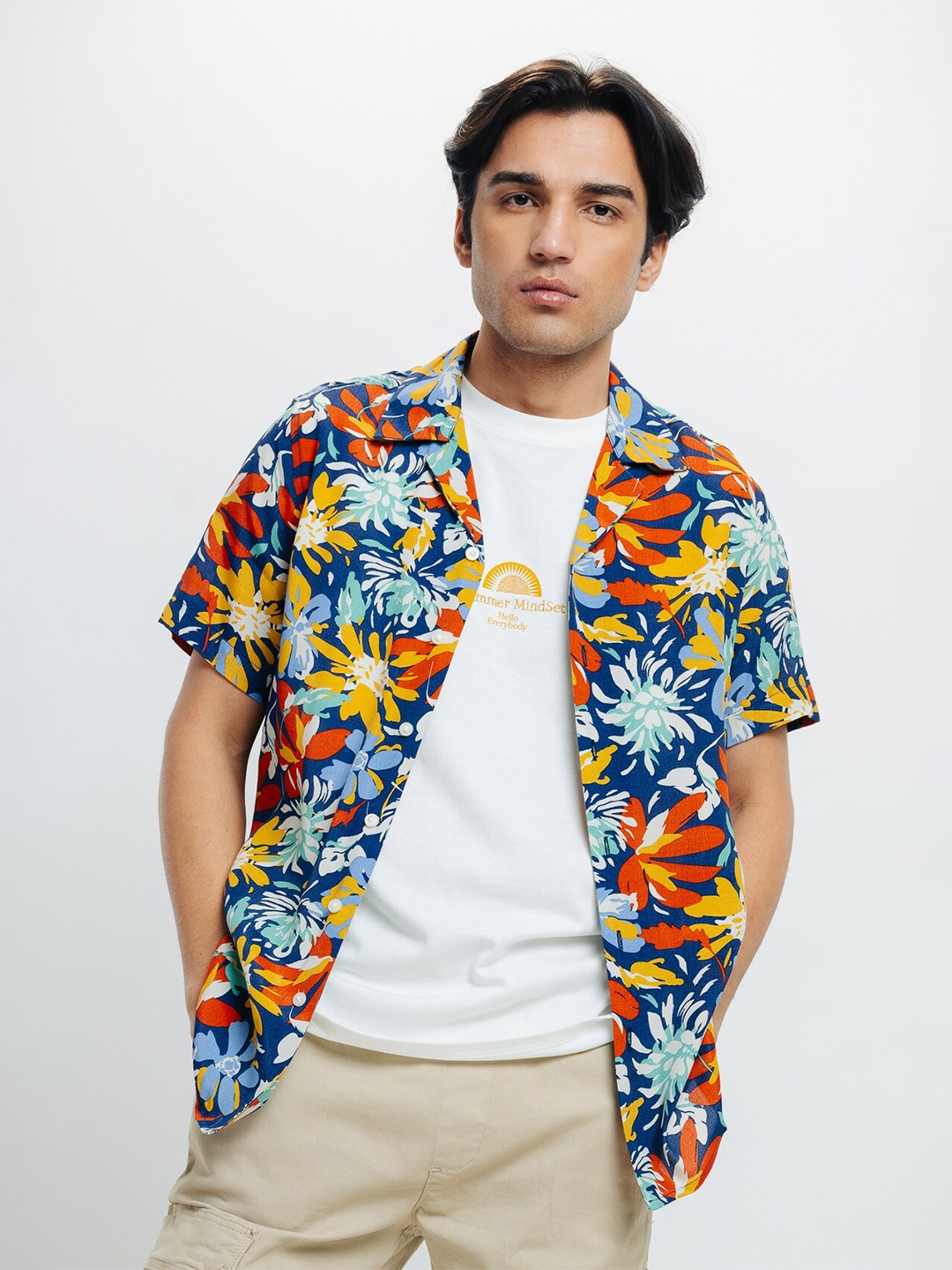 

FREAKINS Floral Printed Short Sleeve Casual Shirt, Navy blue