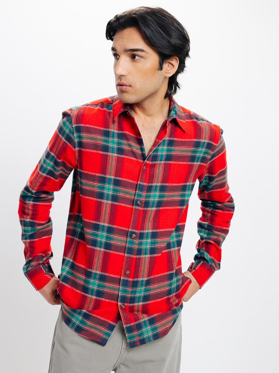 

FREAKINS Red Tartan Checks Spread Collar Long Sleeves Cotton Casual Shirt