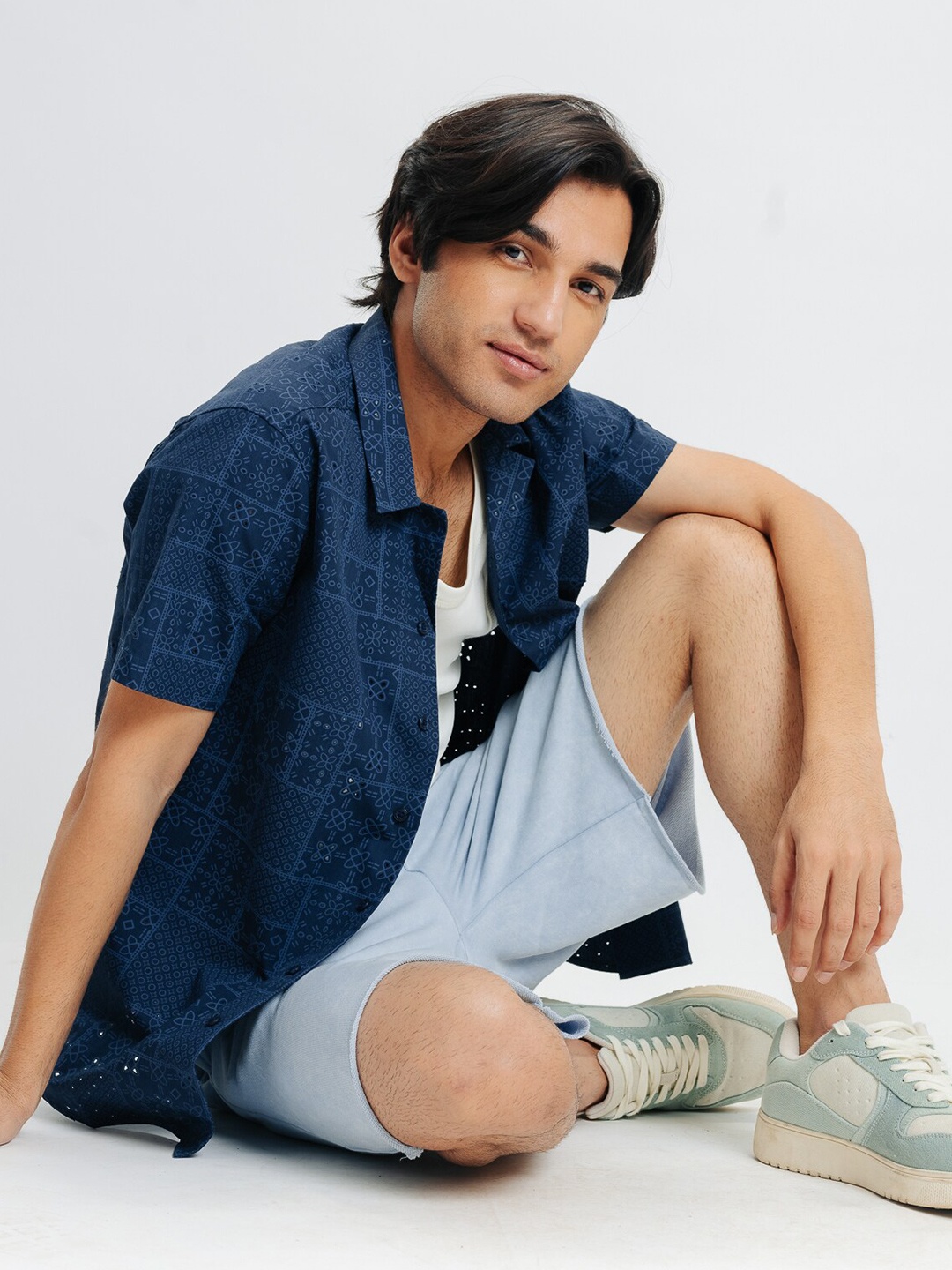 

FREAKINS Geometric Printed Cotton Short Sleeve Casual Shirt, Blue