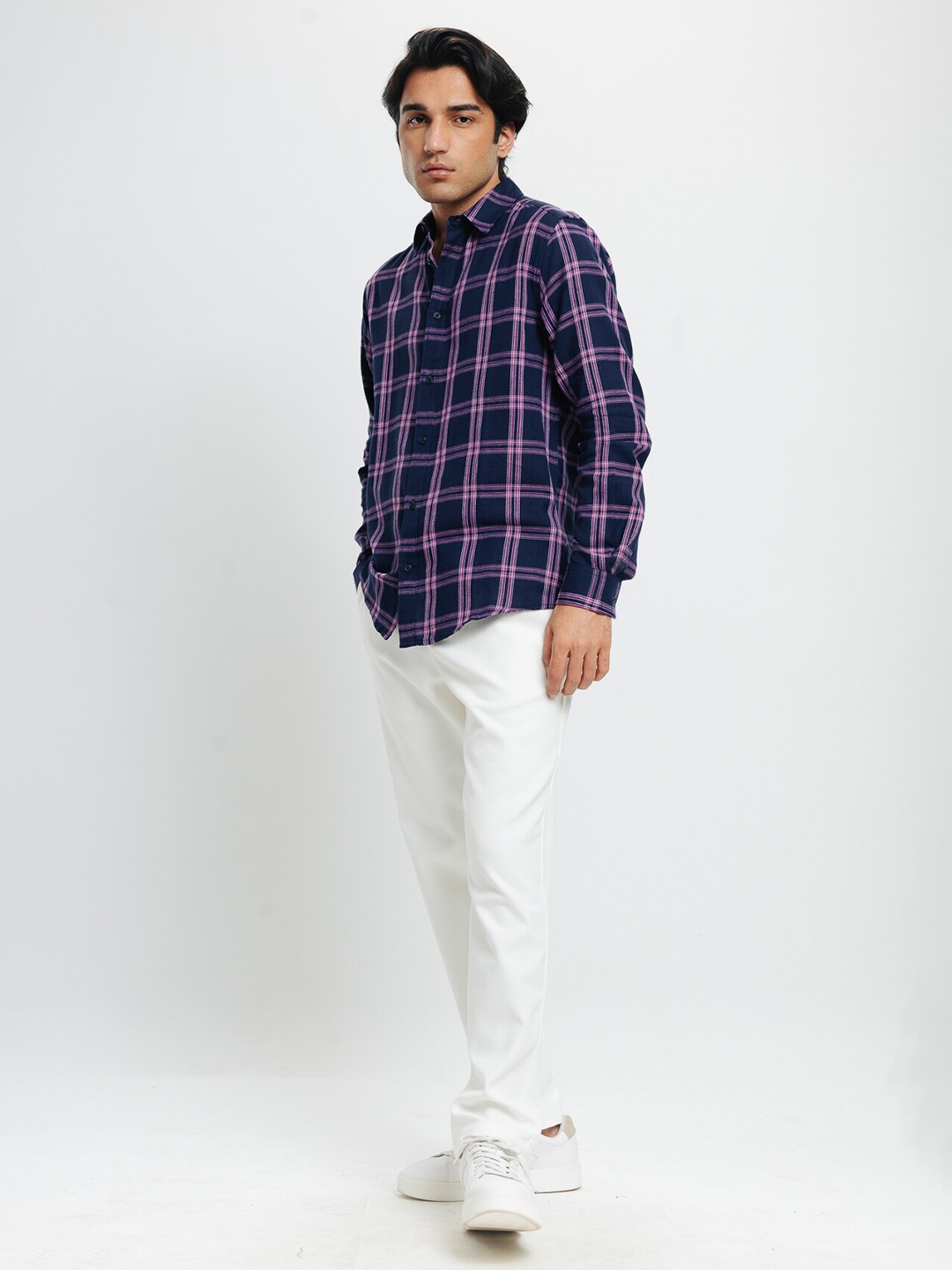 

FREAKINS Tartan Checks Cotton Checked Casual Shirt, Navy blue