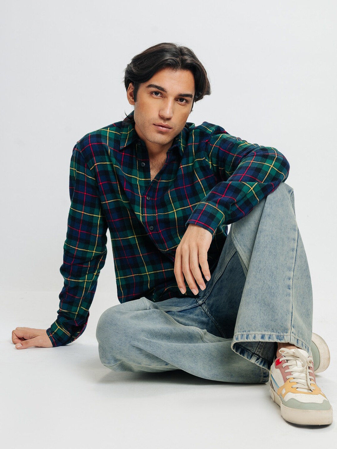 

FREAKINS Tartan Checks Cotton Checked Casual Shirt, Green