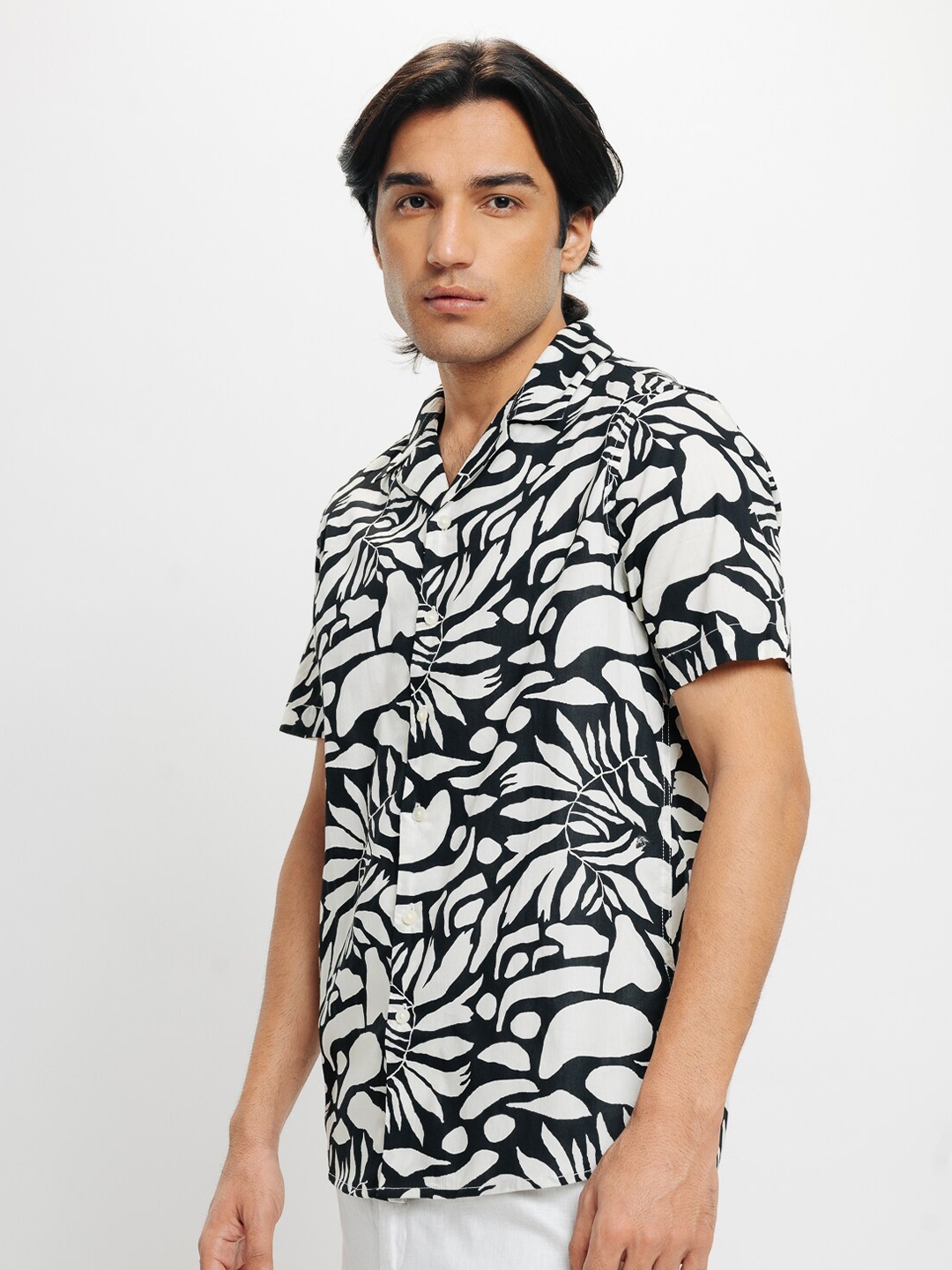 

FREAKINS Cotton Printed Short Sleeve Casual Shirt, Black