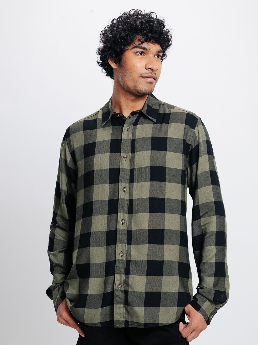 

FREAKINS Buffalo Checks Cotton Checked Casual Shirt, Olive