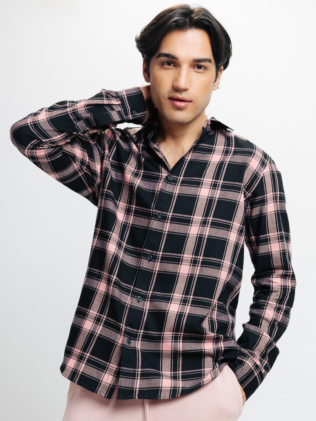 

FREAKINS Black & Pink Tartan Checks Spread Collar Cotton Regular Fit Casual Shirt