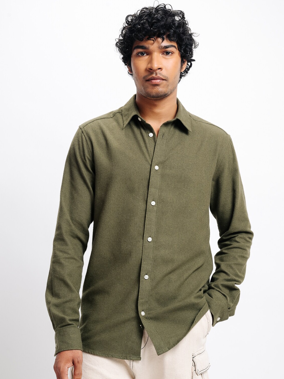 

FREAKINS Spread Collar Cotton Regular Fit Casual Shirt, Olive