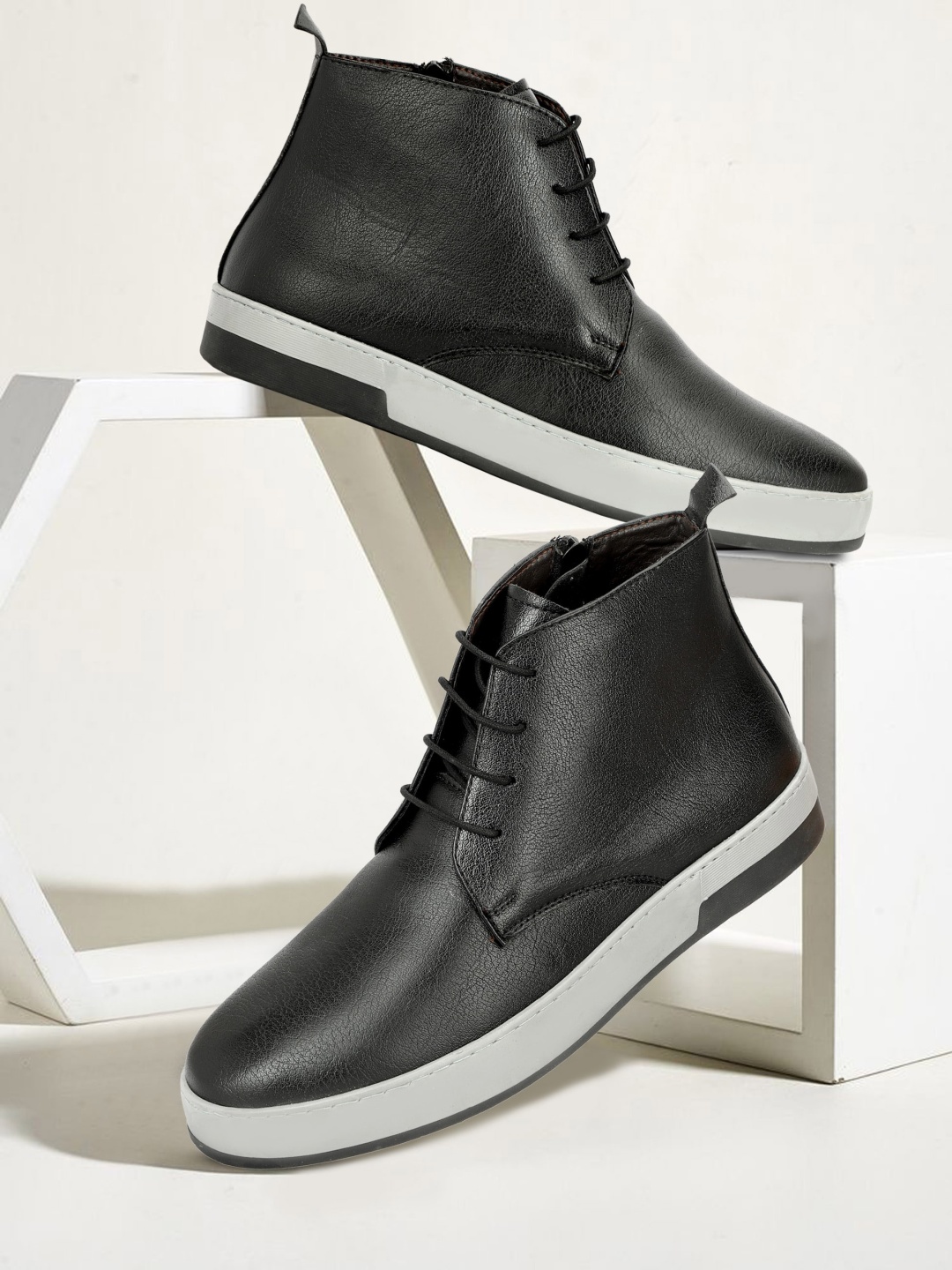 

SHOZANIA Men Leather Lace-Up Leather Mid-Top Boots, Black