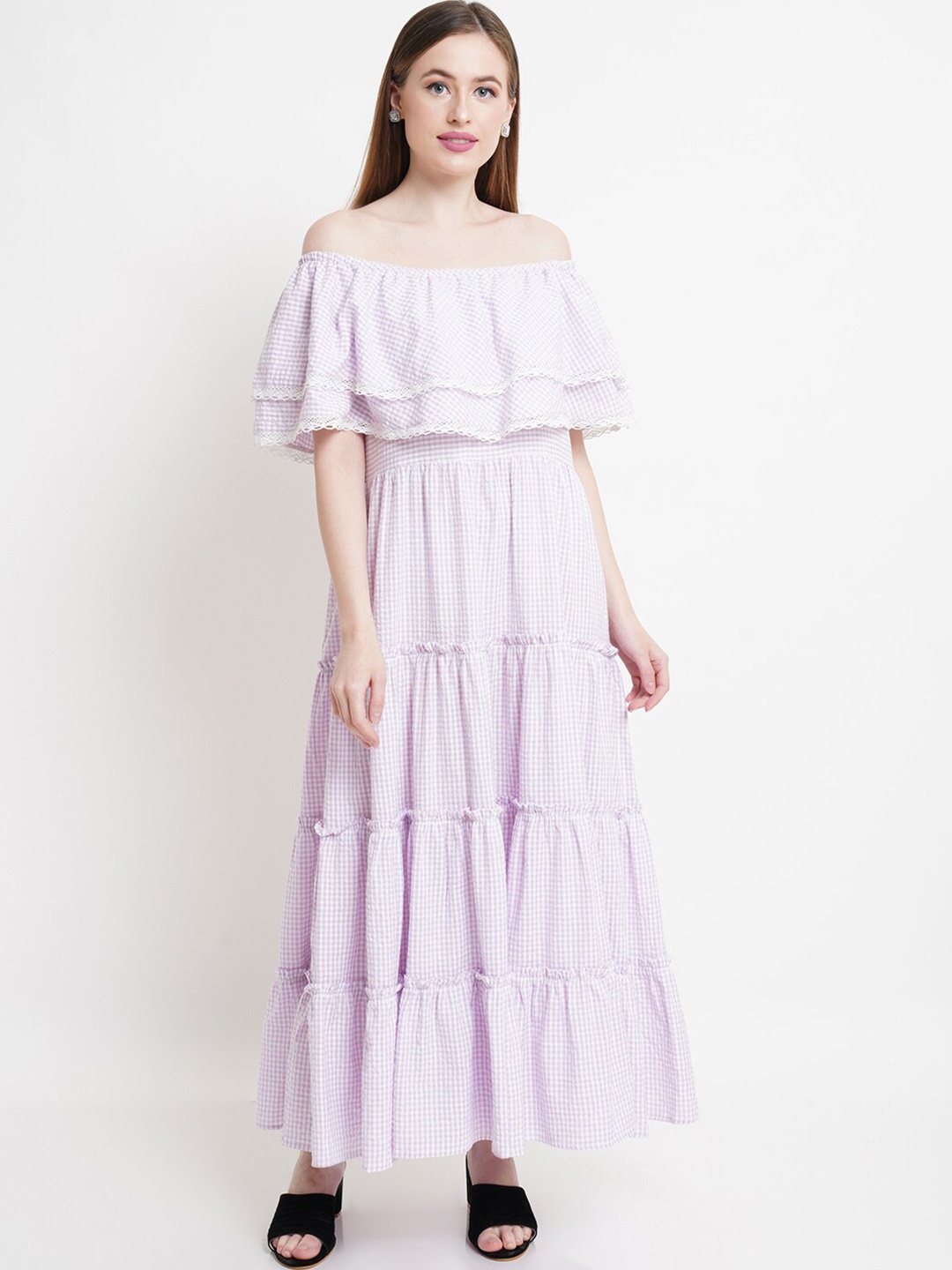 

Purple State Off-Shoulder Flutter Sleeve Tiered Cotton Maxi Dress, Lavender