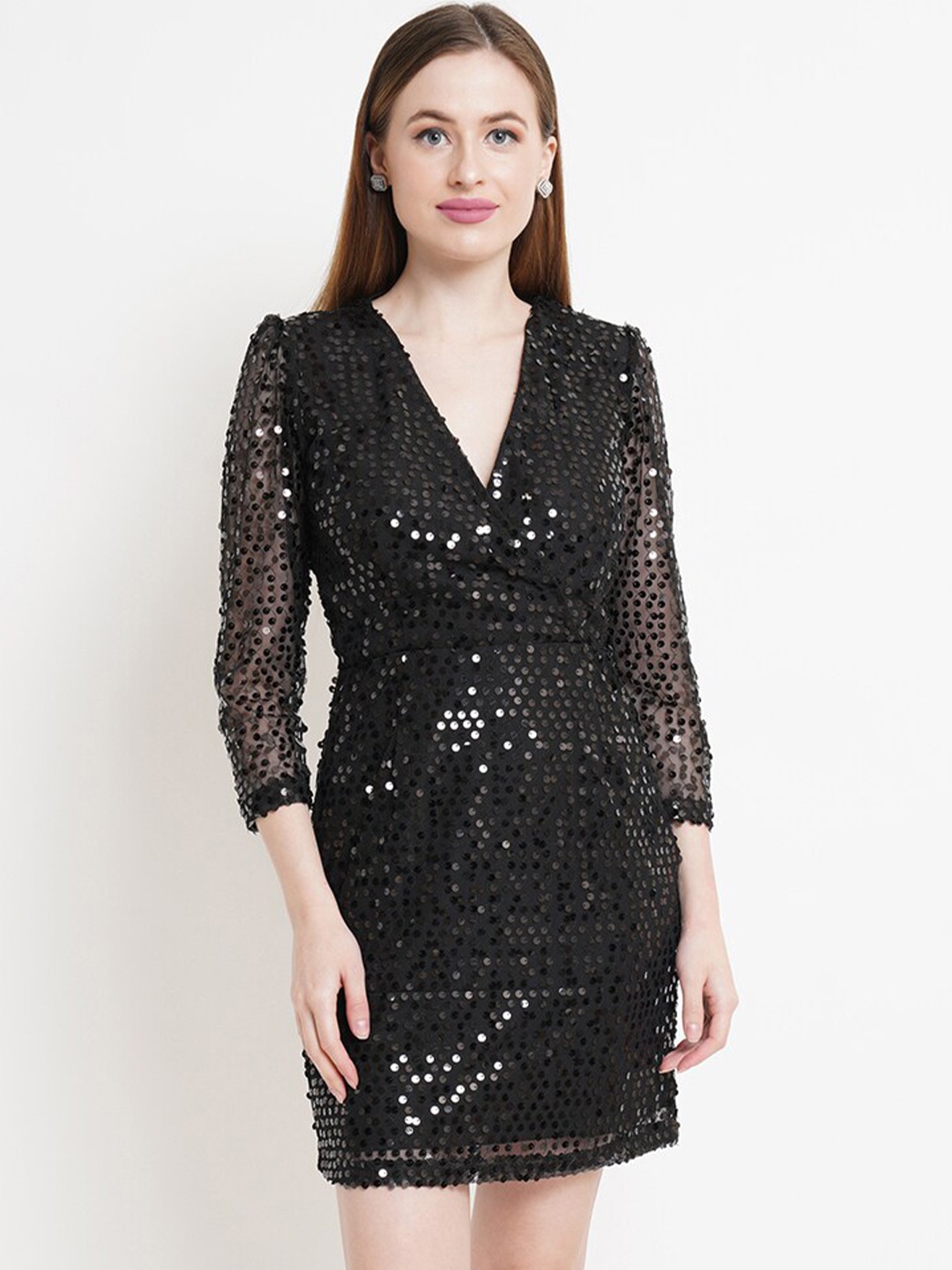 

Purple State Embellished V-Neck Crepe Mini Sheath Dress, Black