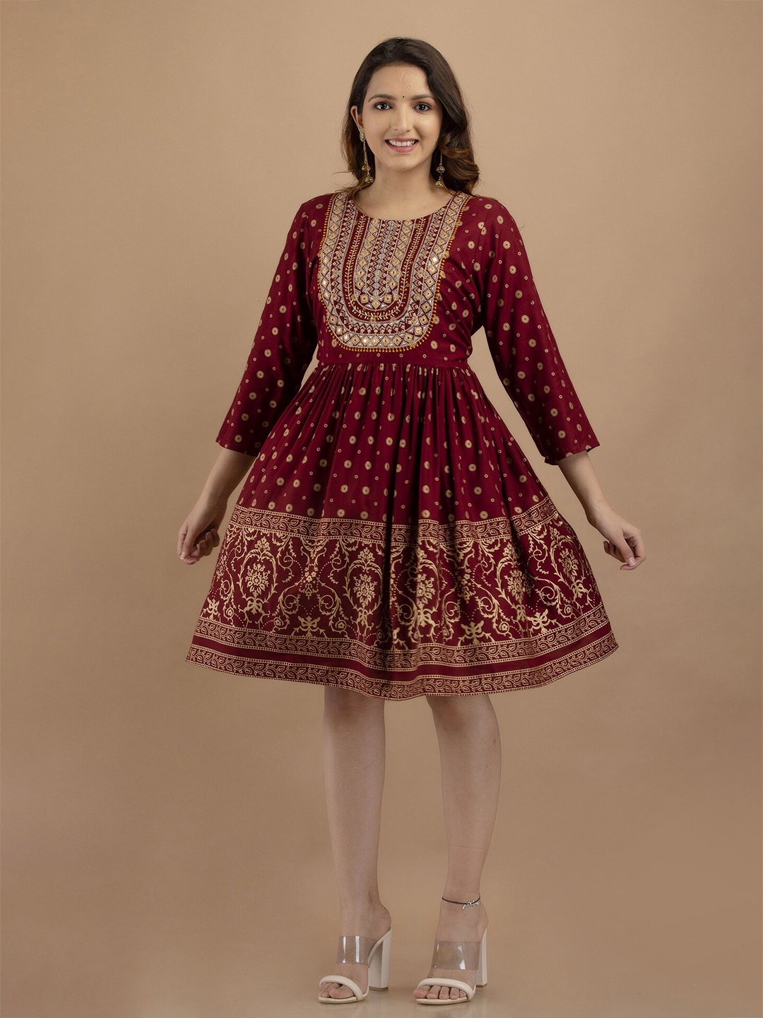 

BAESD Floral Printed Mirror Work Anarkali Kurta, Maroon