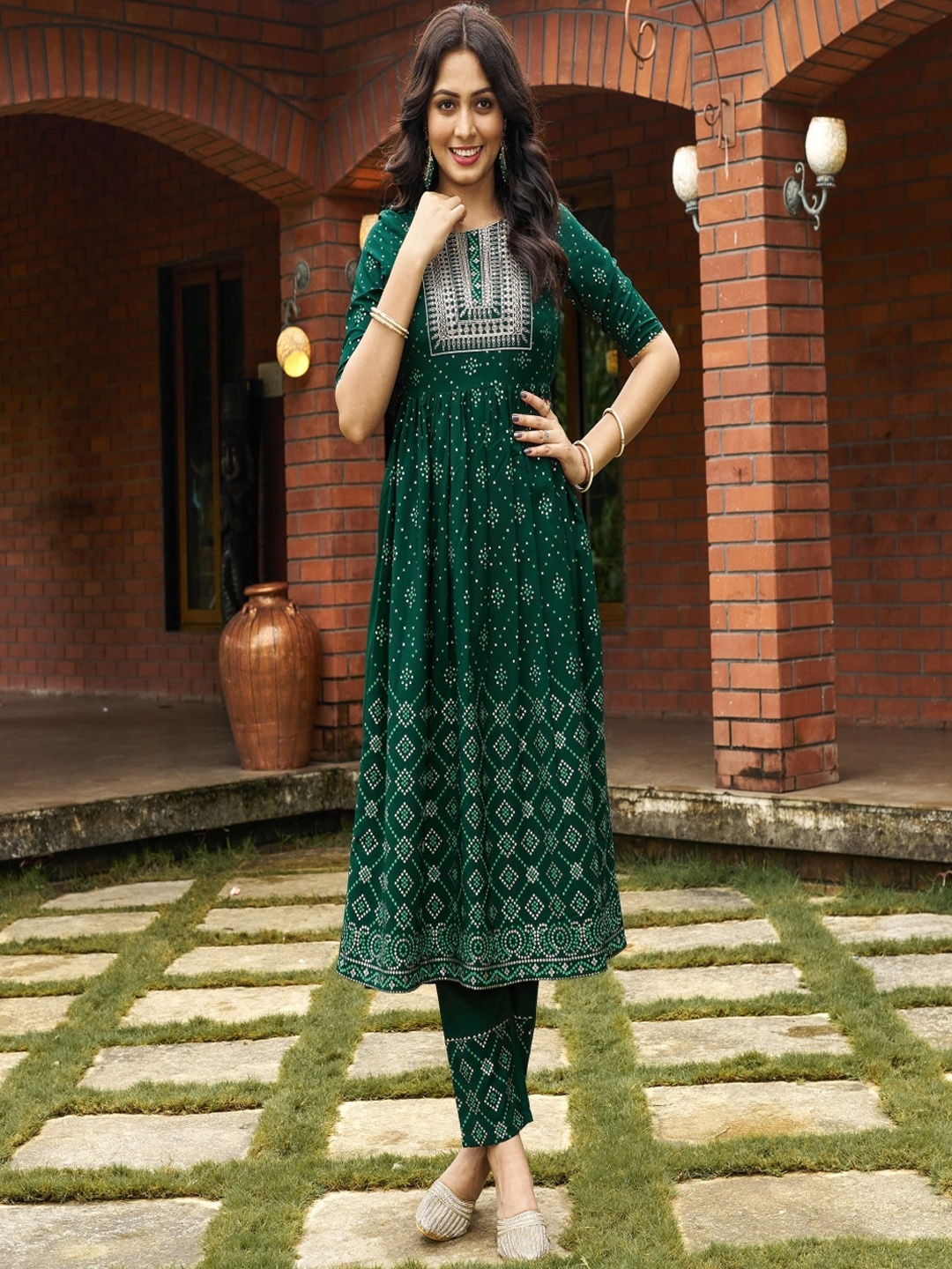

FAB GALAXY Bandhani Printed Empire Anarkali Kurta With Trousers, Green