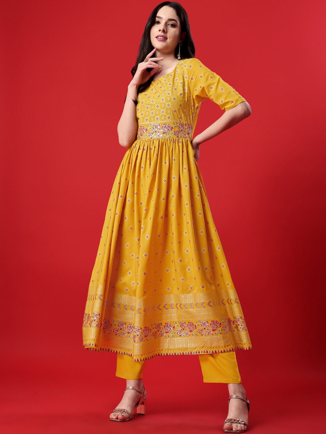 

FAB GALAXY Ethnic Motifs Printed Anarkali Empire Kurta with Trousers, Yellow