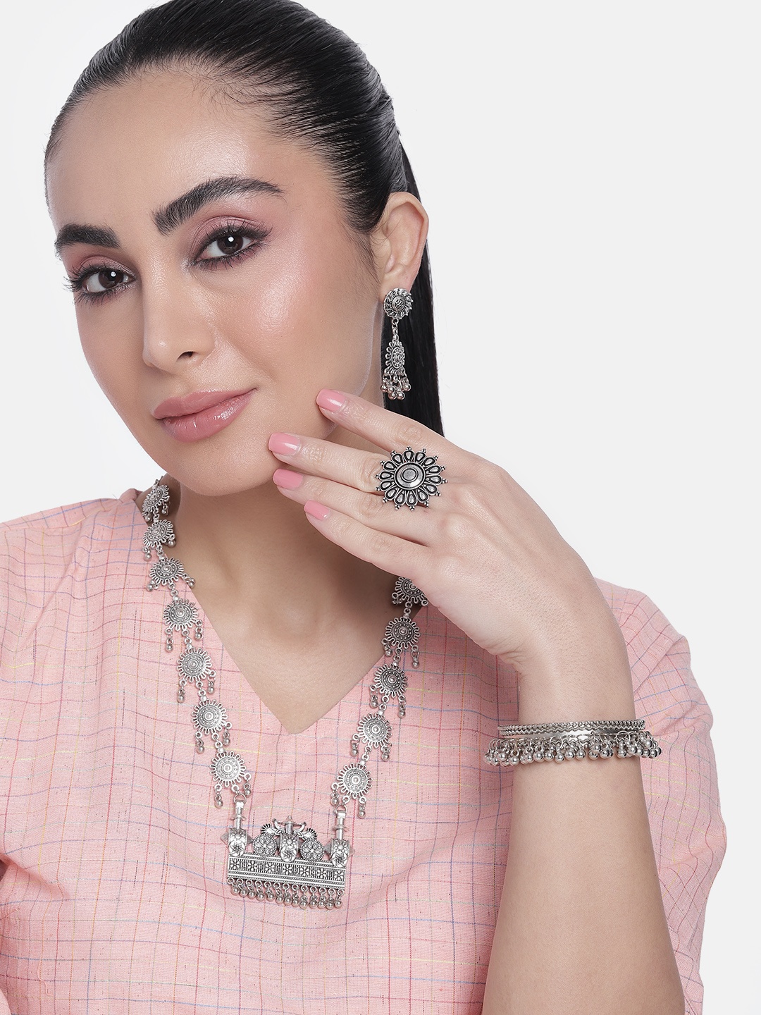 

AITIHYA Silver-Plated Oxidised Jewellery Set