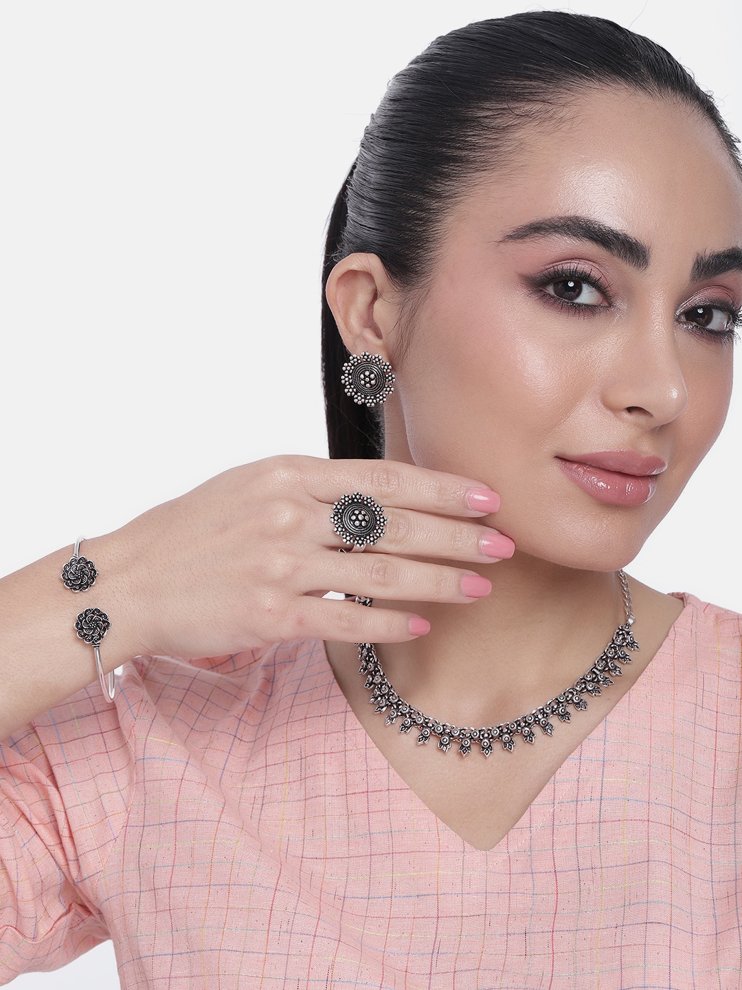 

AITIHYA Silver-Plated Oxidised Jewellery Set