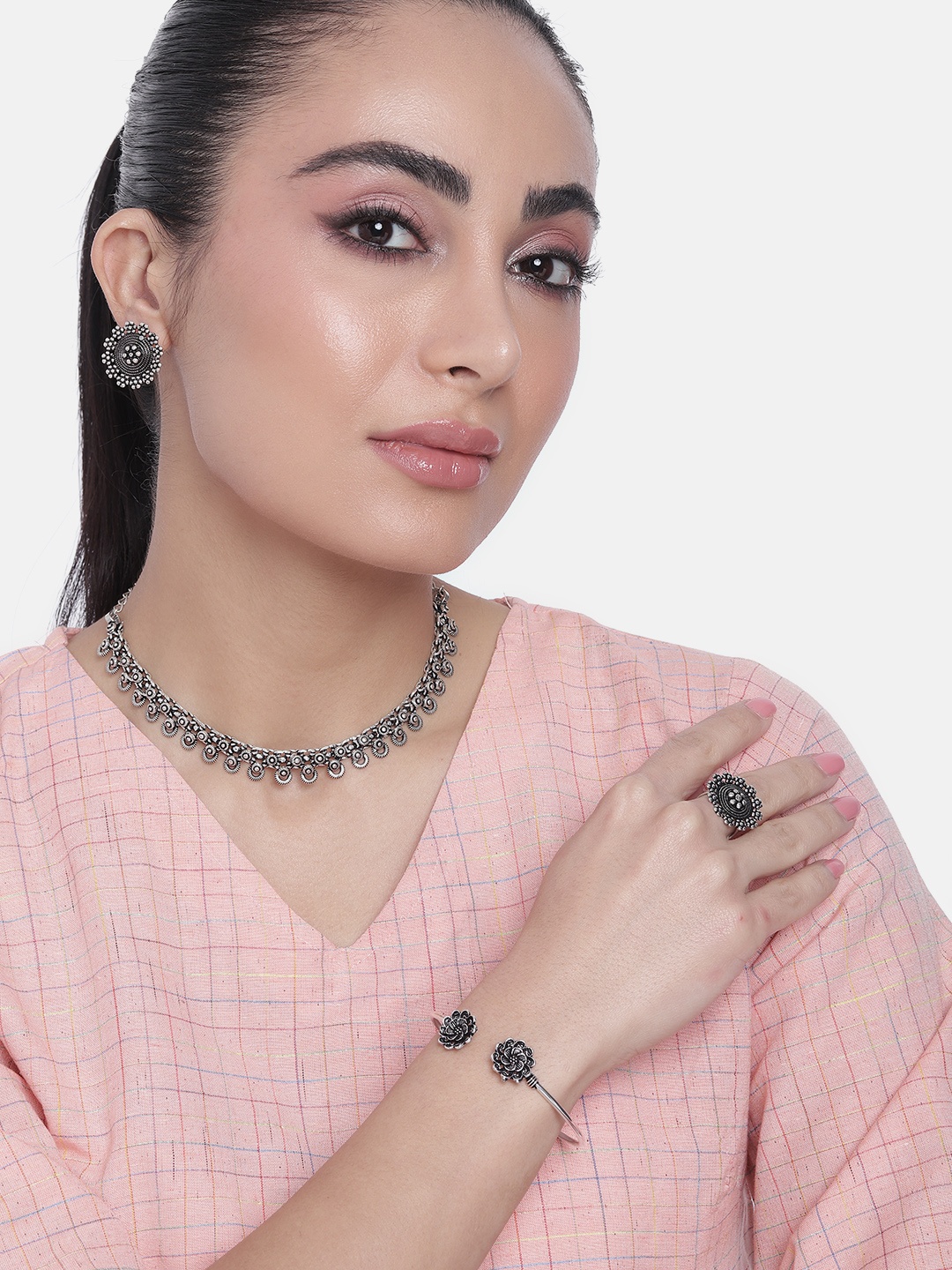 

AITIHYA Silver-Plated Oxidised Jewellery Set