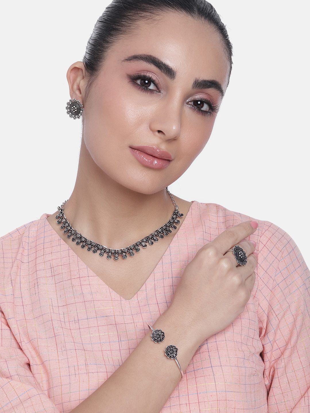 

AITIHYA Silver-Plated Oxidised Jewellery Set
