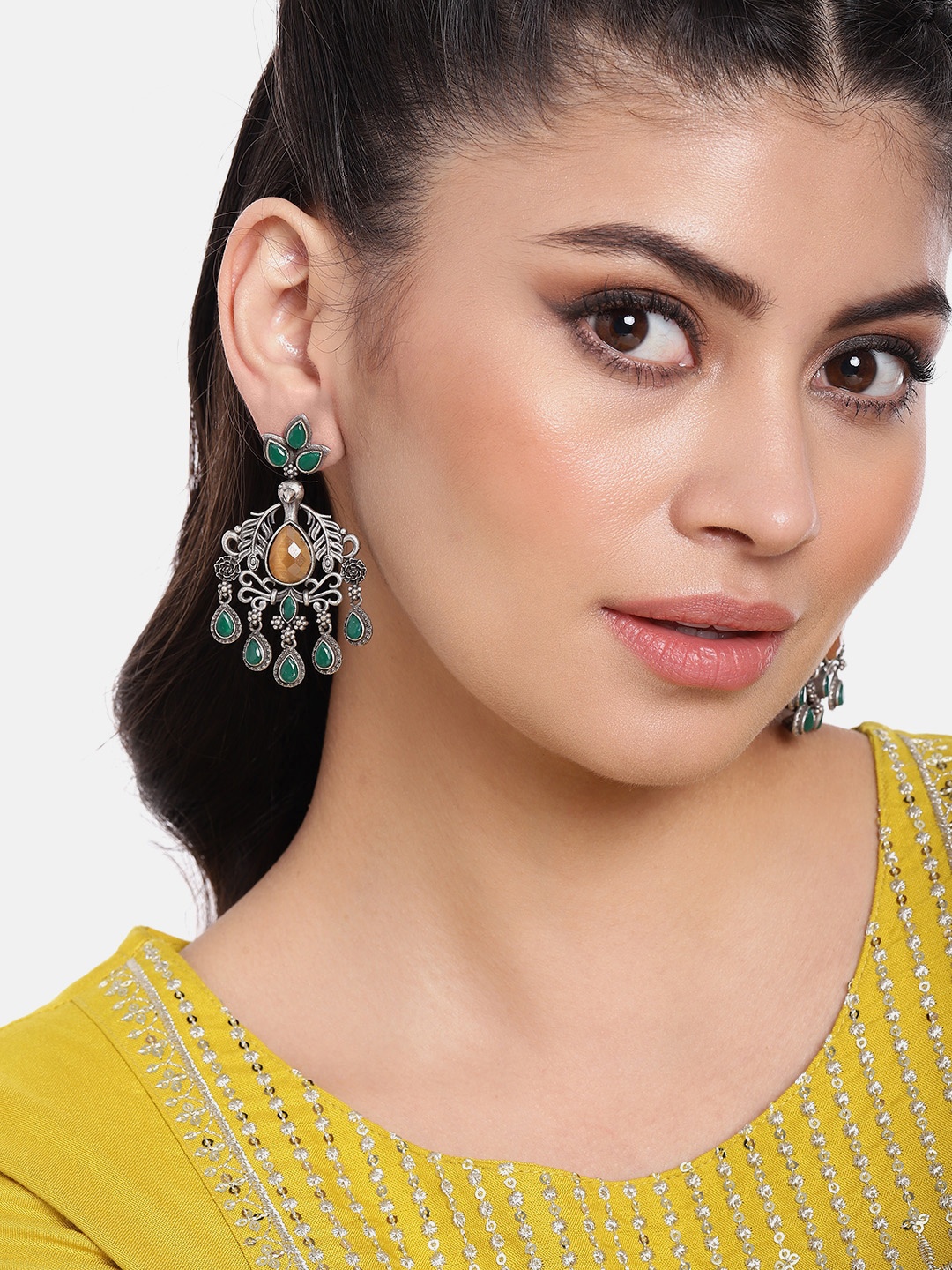 

AITIHYA Silver-Plated Oxidised Contemporary Artificial Stones Drop Earrings, Multi
