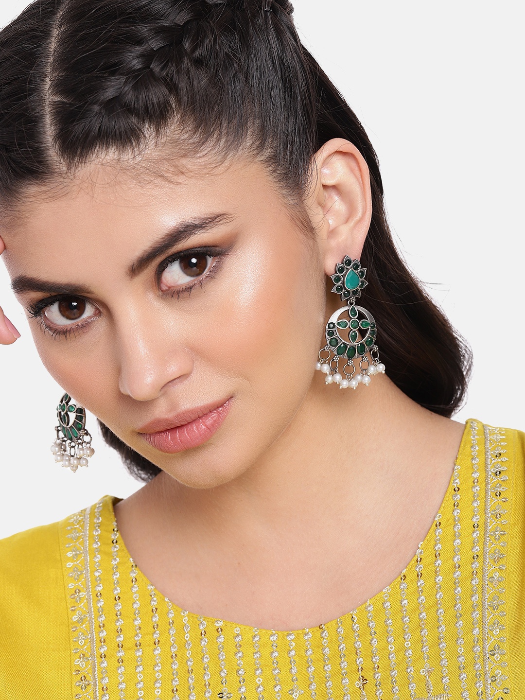 

AITIHYA Silver-Plated Oxidised Contemporary Artificial Stones Drop Earrings