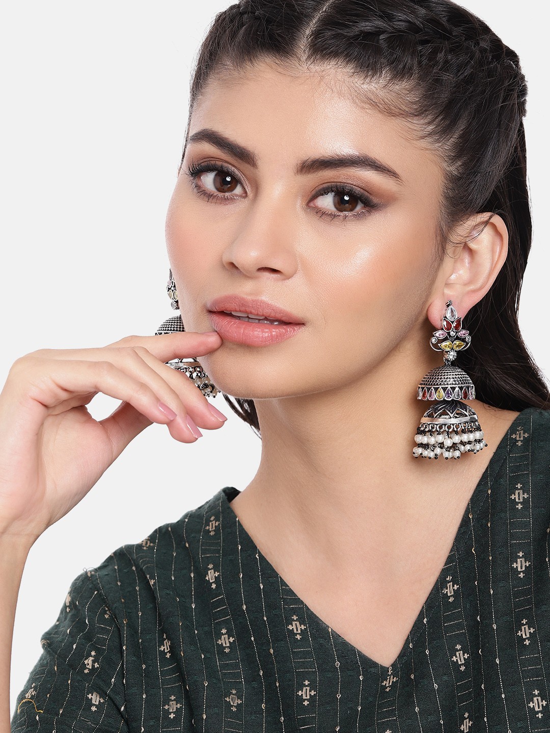 

AITIHYA Silver-Plated Oxidised Artificial Stones Dome Shaped Jhumkas, Multi