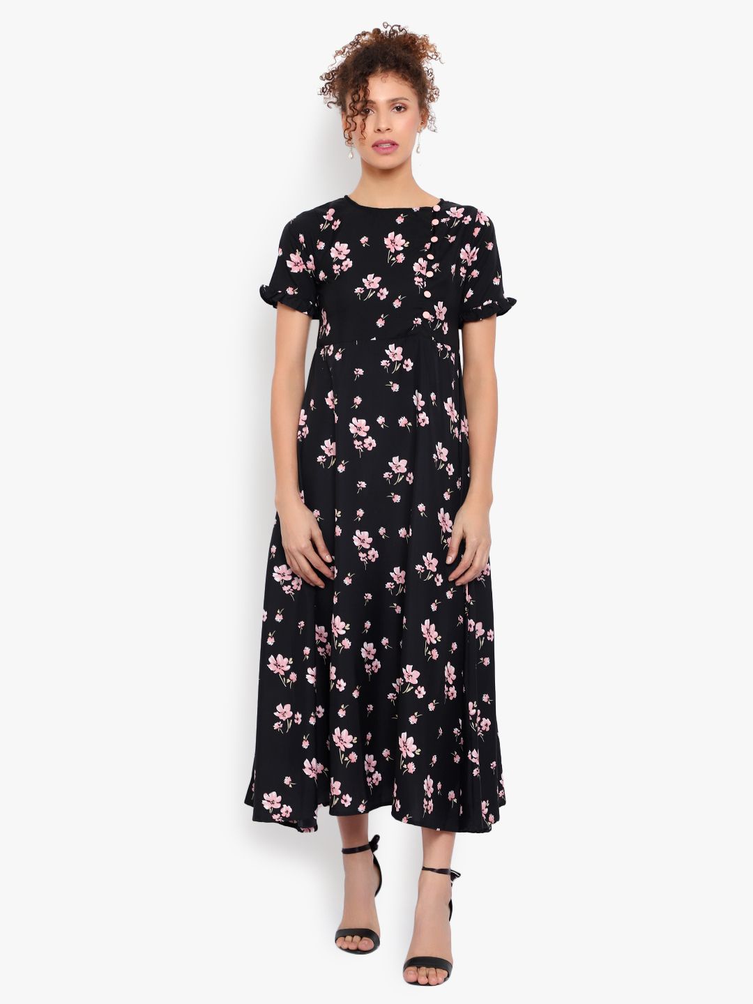 

Indietoga Floral Printed Tie-Ups Crepe Fit & Flare Midi Dress, Black