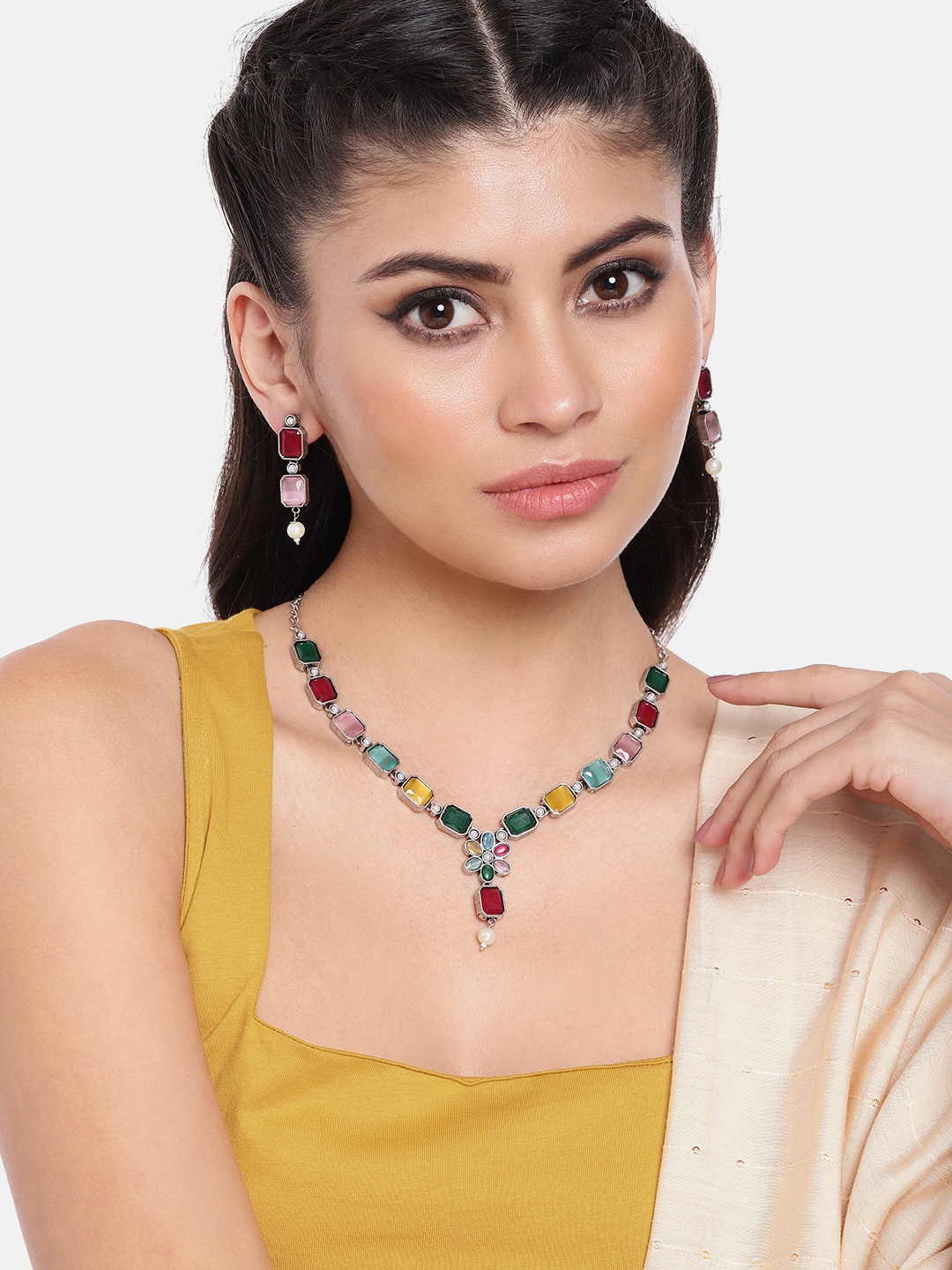 

AITIHYA Silver-Plated Oxidised Artificial Stone Jewellery Set