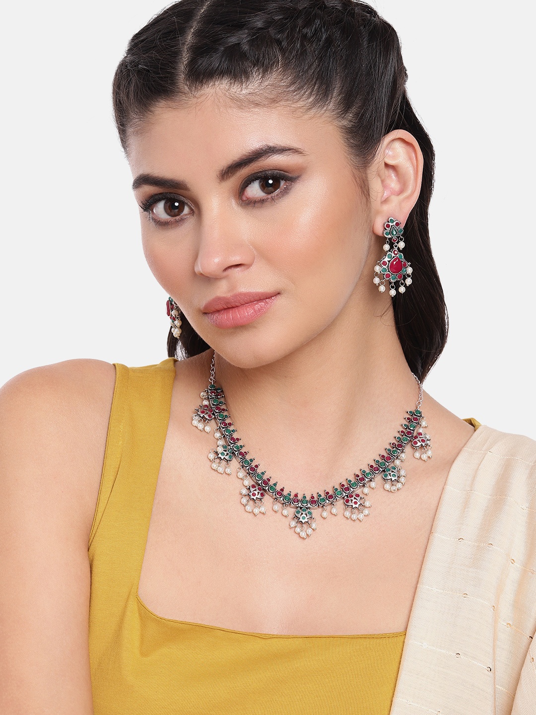 

AITIHYA Silver-Plated Oxidised Artificial Beads & Stones Jewellery Set