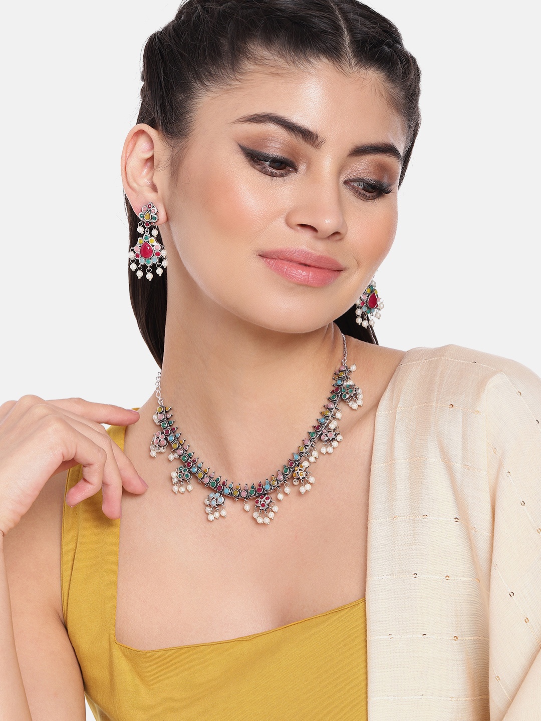 

AITIHYA Silver-Plated Oxidised Artificial Beads & Stones Jewellery Set