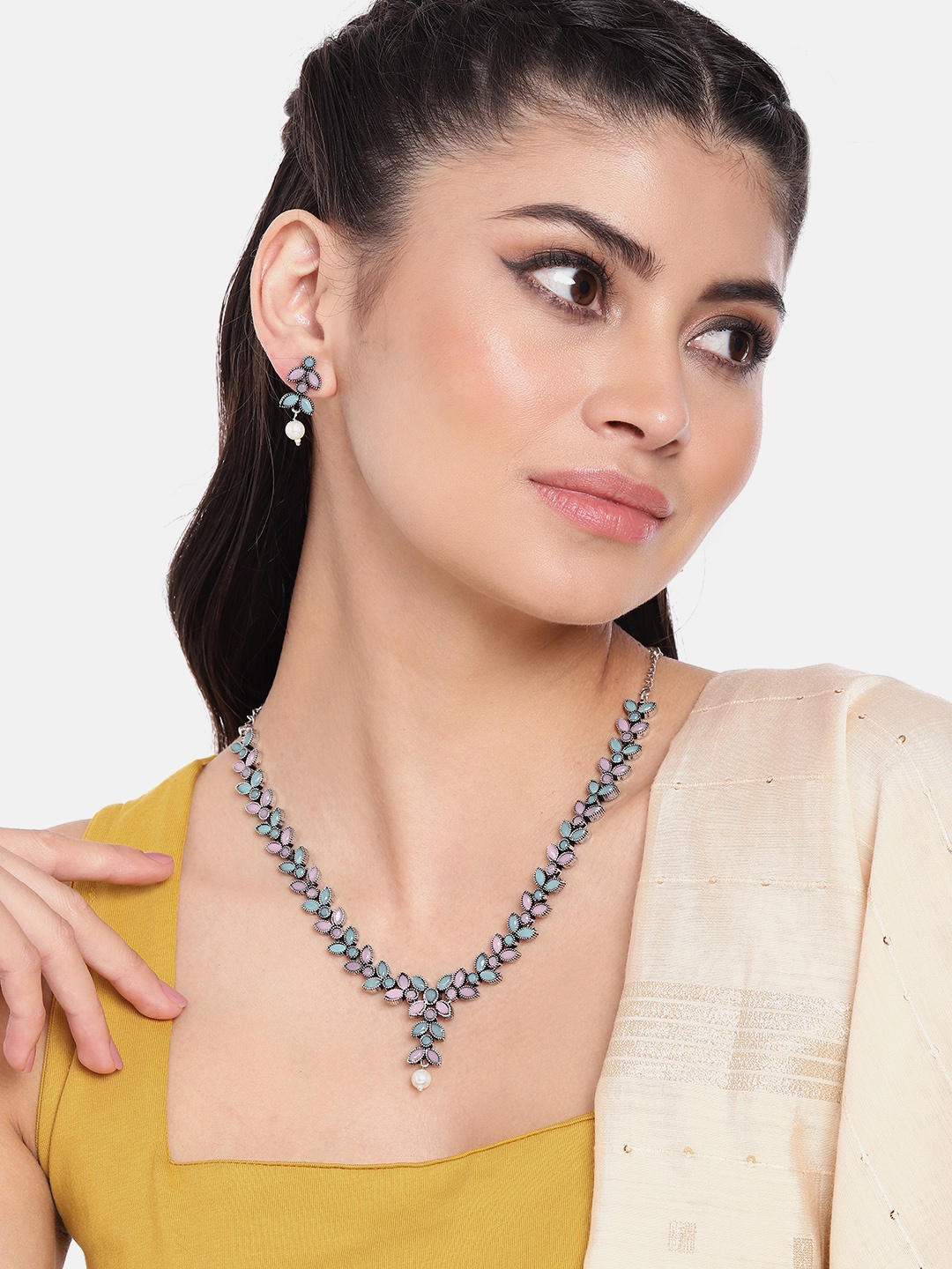 

AITIHYA Silver-Plated Oxidised Artificial Stone Jewellery Set